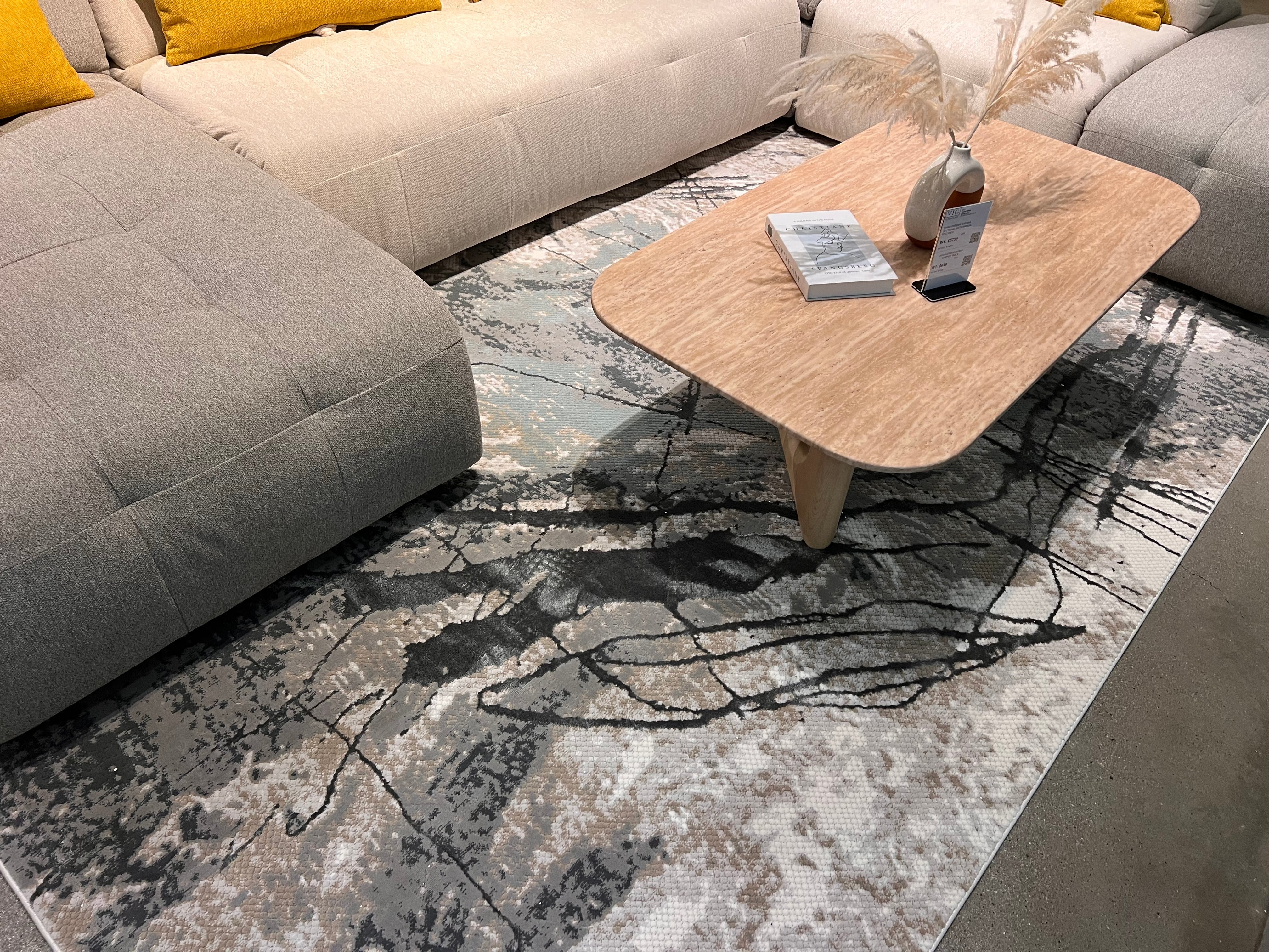 Abstract Marbled High-Low Rug in Crème Beige with Charcoal Tone-on-Tone Design, Faded Teal & Mocha Accents - METZ 4202.