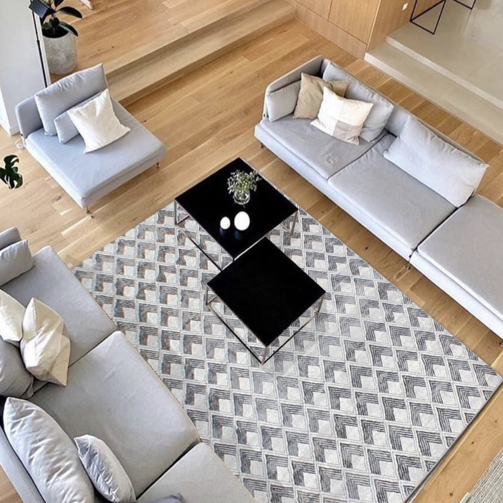 Silver Soft Silky Geometric Square Abstract Contemporary Gray and Black Area Rug/ Carpet