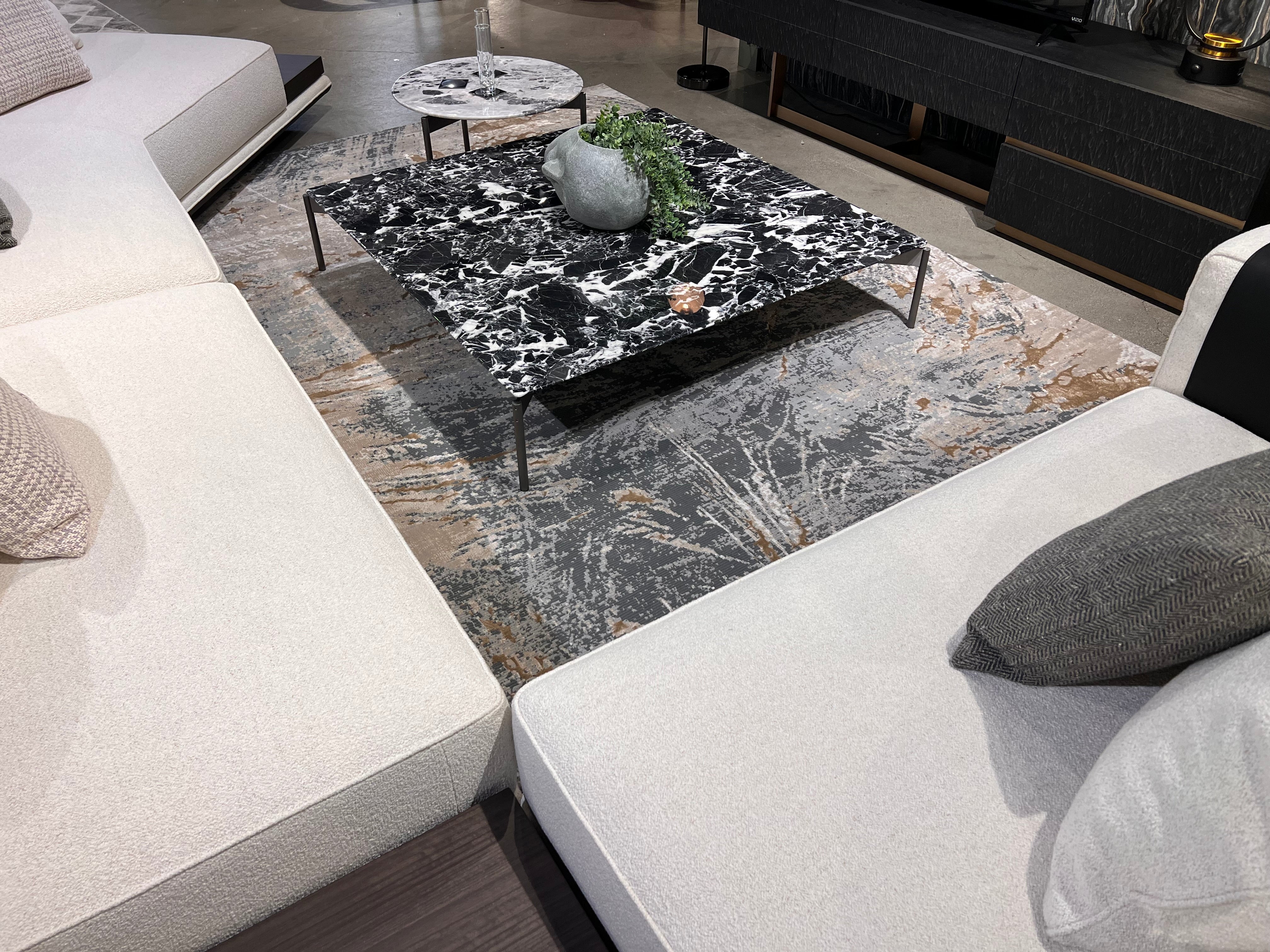 Crème Rug with Charcoal, Silver & Teal Marbled Abstract and Warm Mocha Tone-to-Tone High-Low Texture - METZ 4201.