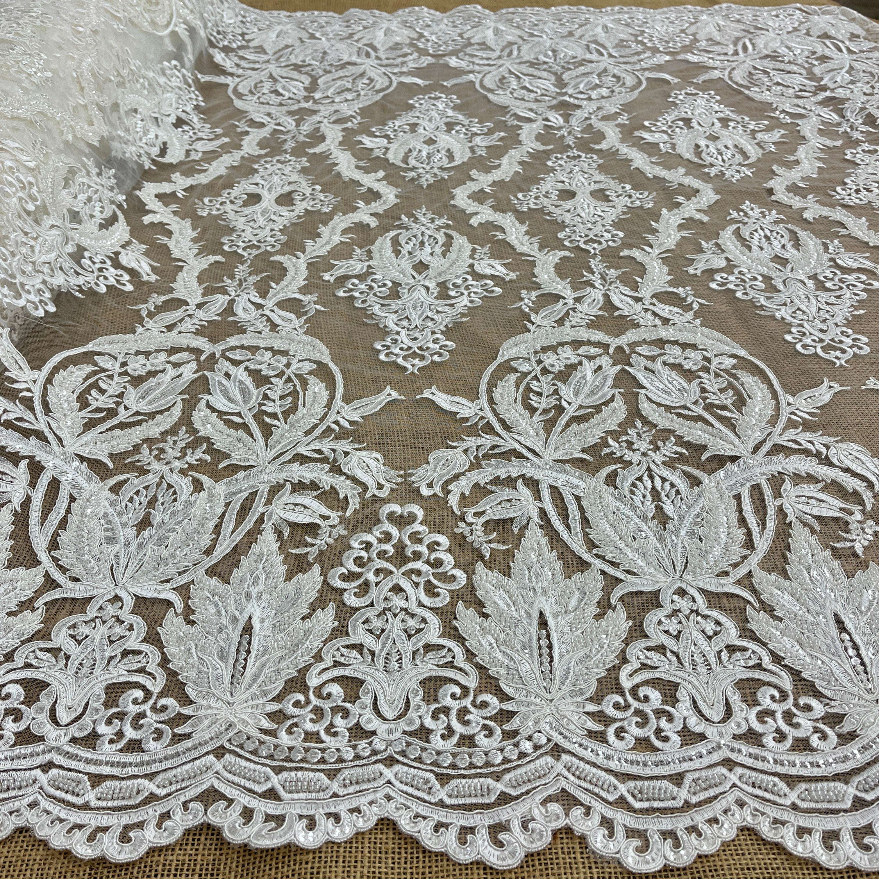 Beaded & Corded Bridal Lace Fabric Embroidered on 100% Polyester Net Mesh | Lace USA - GD-56425