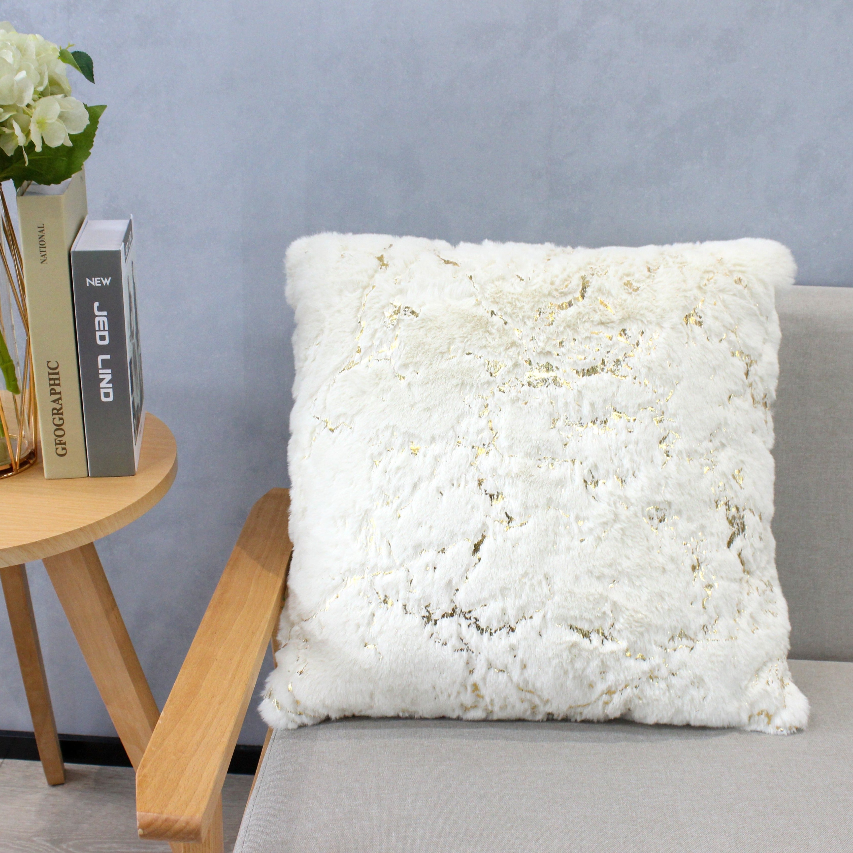 Golden Faux Fur Glow Fluffy Pillow with Shimmery Foil Illuminating Effect