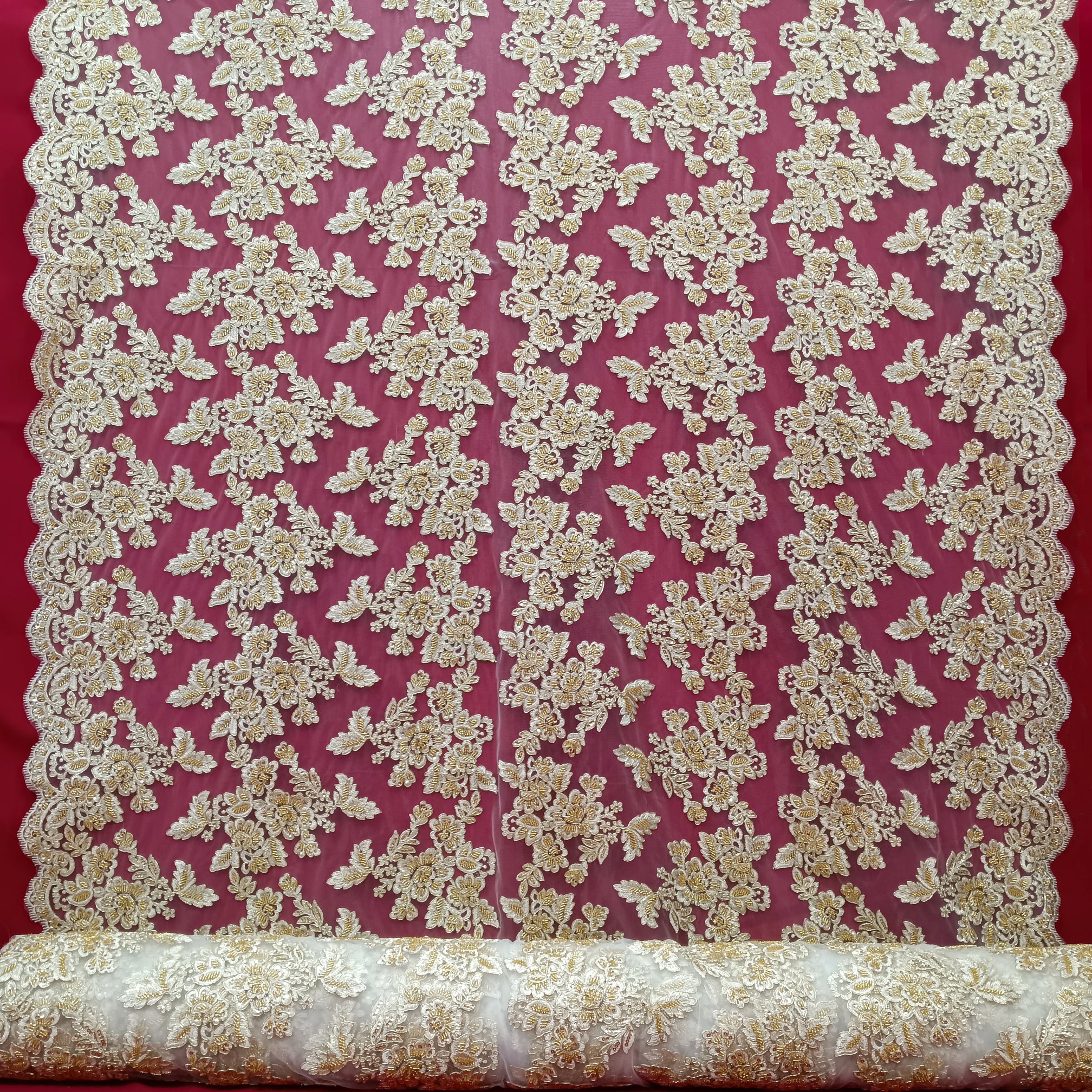 Beaded & Corded Bridal Lace Fabric Embroidered on 100% Polyester Net Mesh | Lace USA - 95409W-HB