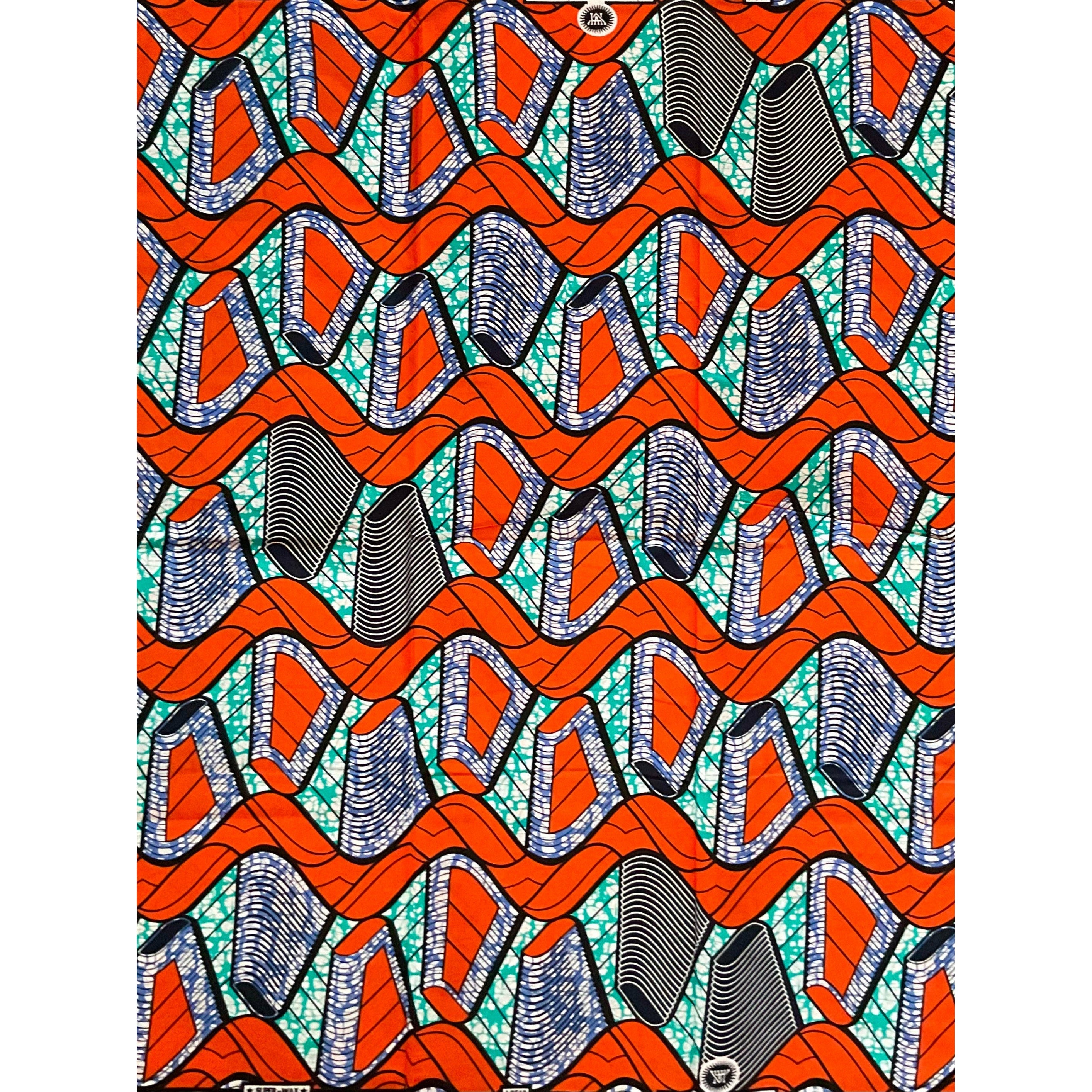 African Print Fabric/ Ankara - Orange, Turquoise, Blue 'Yasin' Design, YARD or WHOLESALE