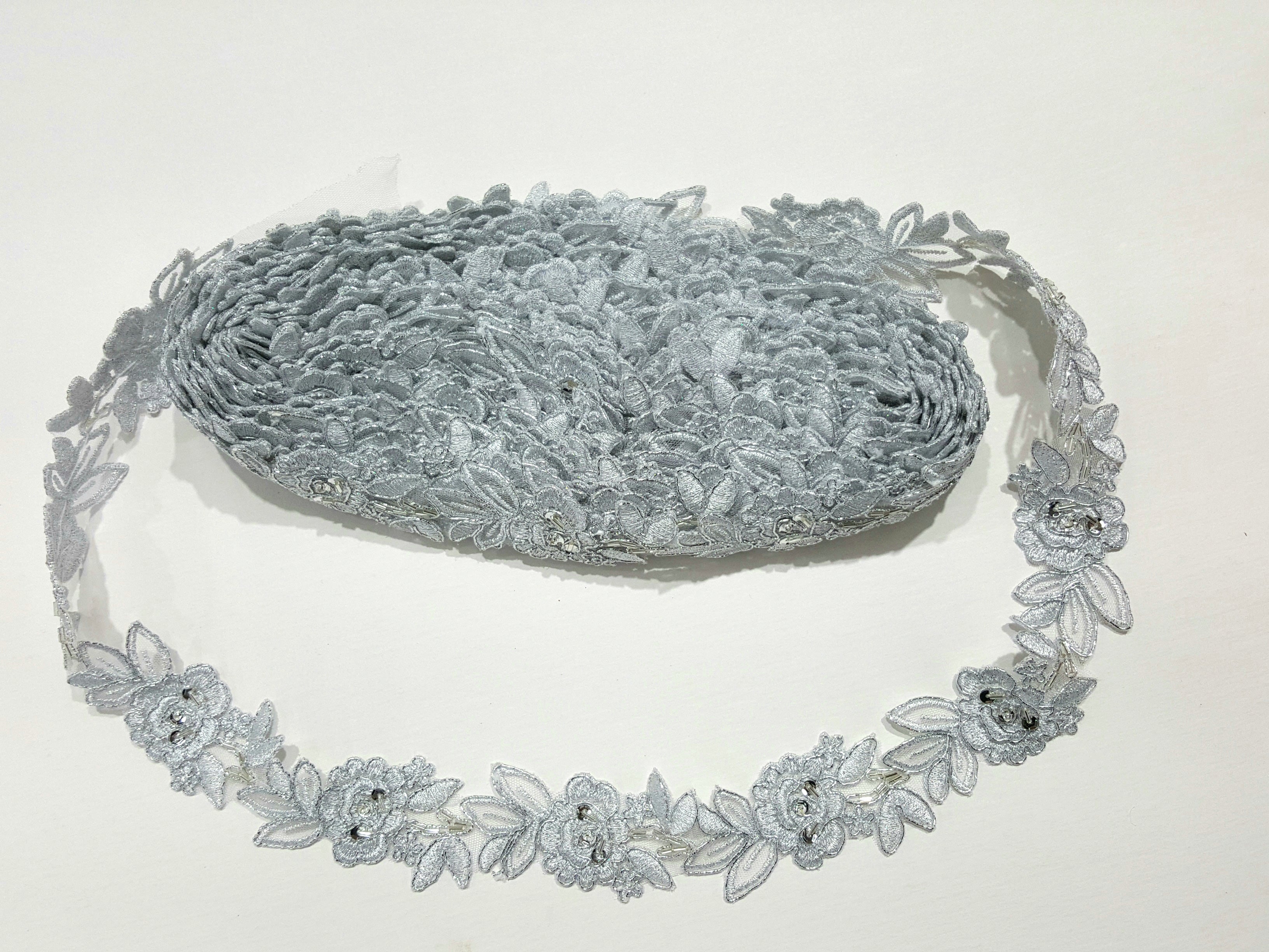 Beaded & Corded Lace Trimming Embroidered on 100% Polyester Organza or Net Mesh | Lace USA - 96279W-BP