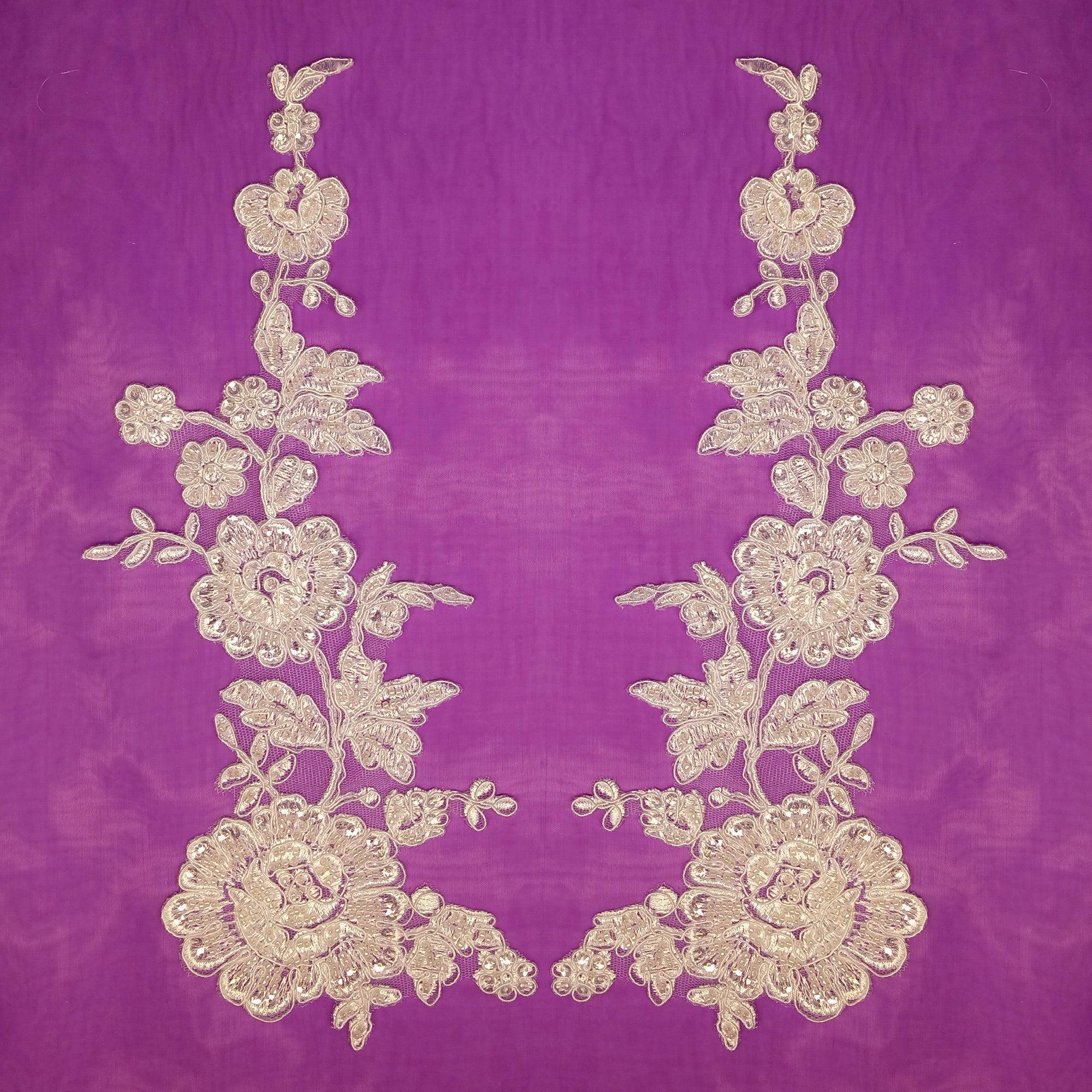Beaded & Corded Floral Lace Applique Embroidered on 100% Polyester Net Mesh | Lace USA - 96436W-HB