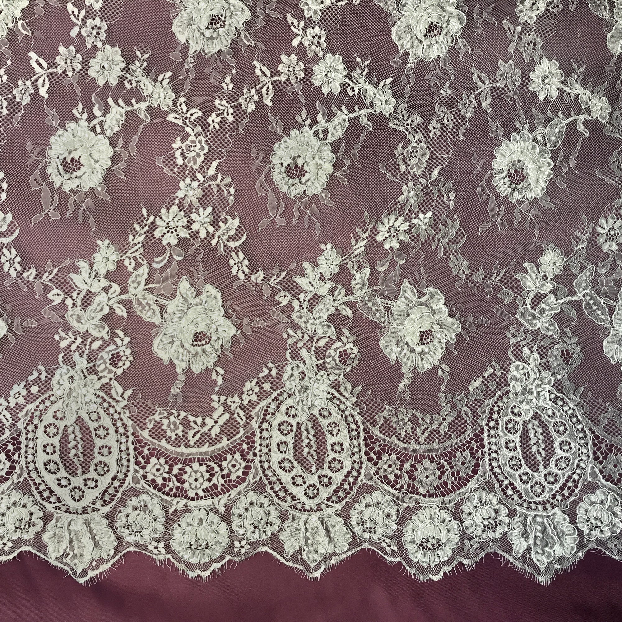 Beaded & Corded Chantilly Floral Lace Fabric-  3 Yards Precut | Lace USA - 97143W-BP