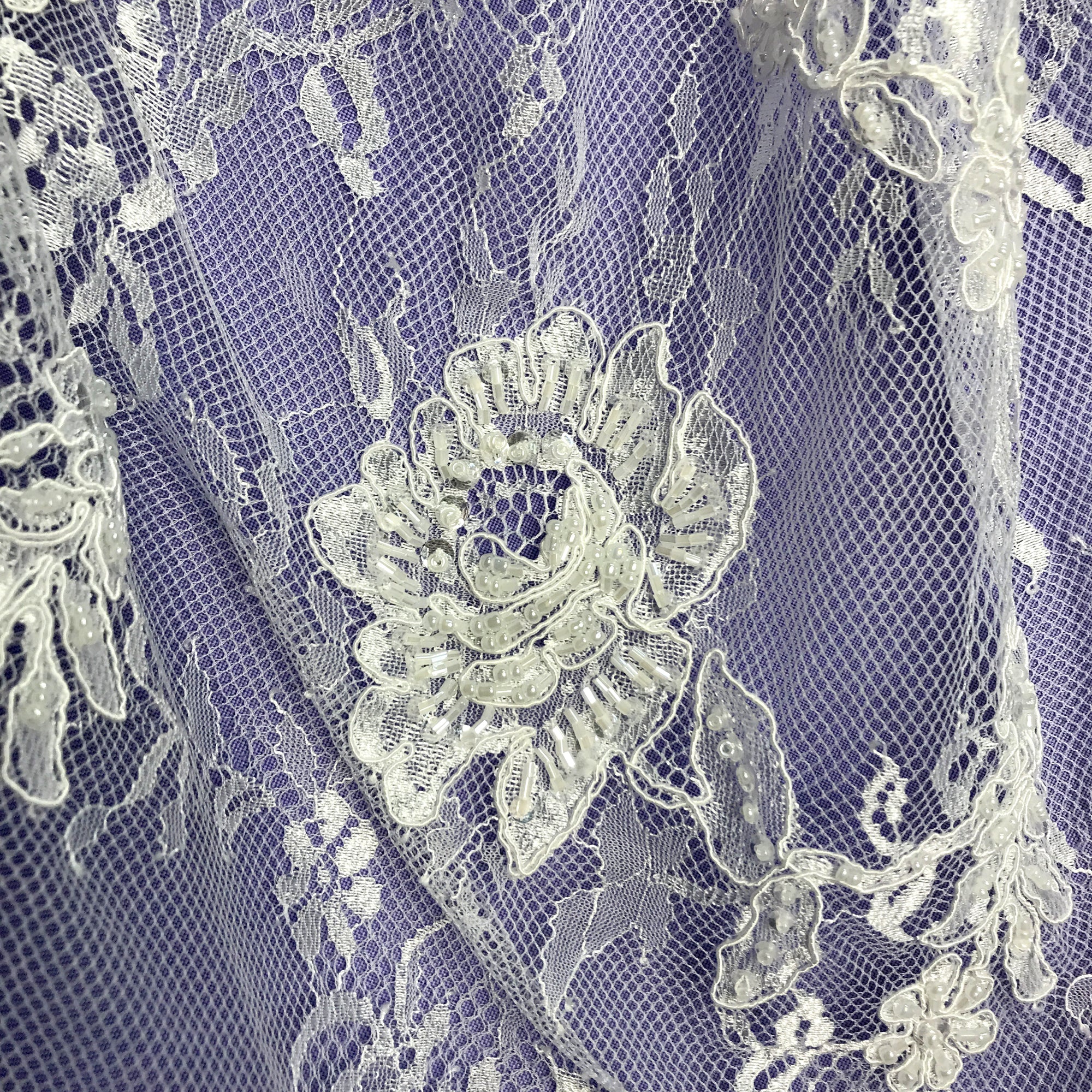 Beaded & Corded Chantilly Floral Lace Fabric-  3 Yards Precut | Lace USA - 97143W-BP