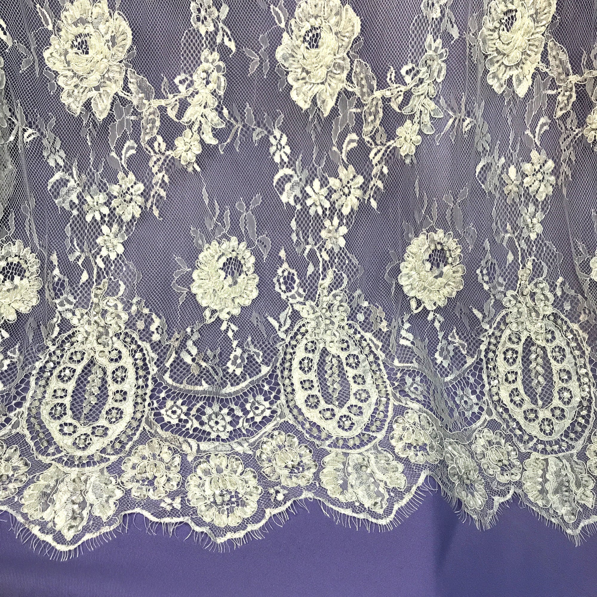 Beaded & Corded Chantilly Floral Lace Fabric-  3 Yards Precut | Lace USA - 97143W-BP