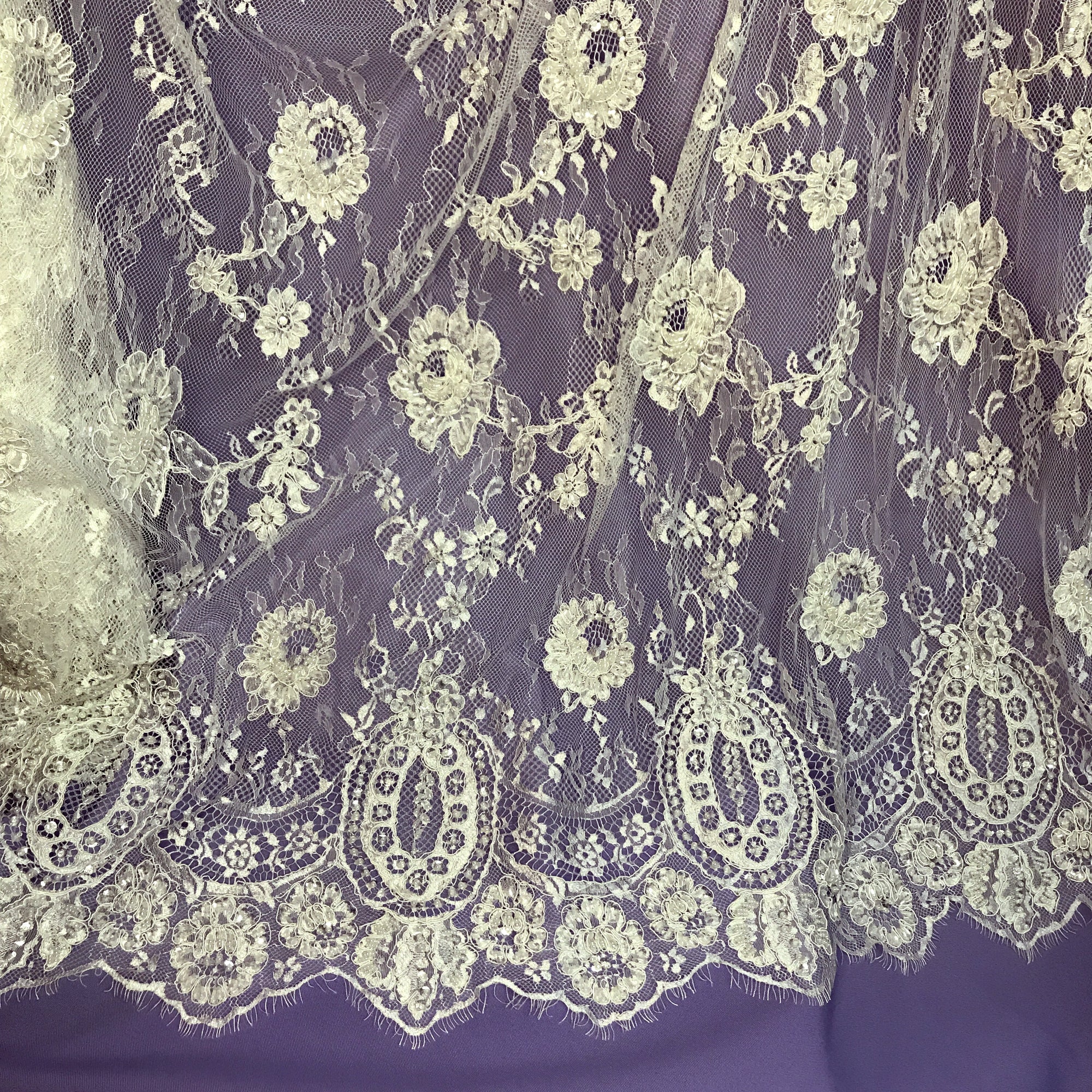 Beaded & Corded Chantilly Floral Lace Fabric-  3 Yards Precut | Lace USA - 97143W-BP