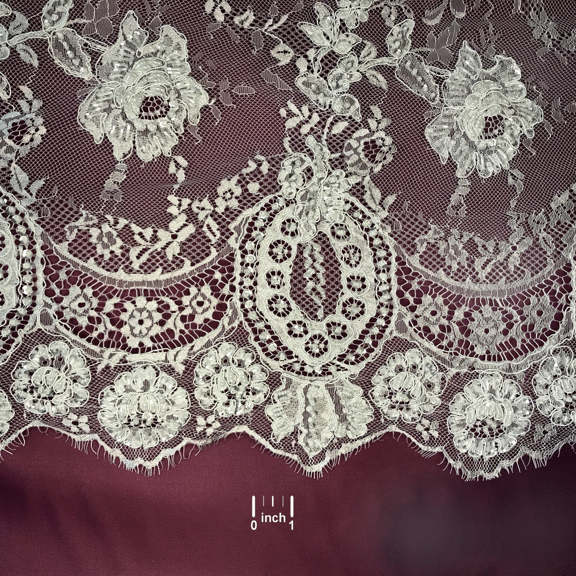Beaded & Corded Chantilly Floral Lace Fabric-  3 Yards Precut | Lace USA - 97143W-BP