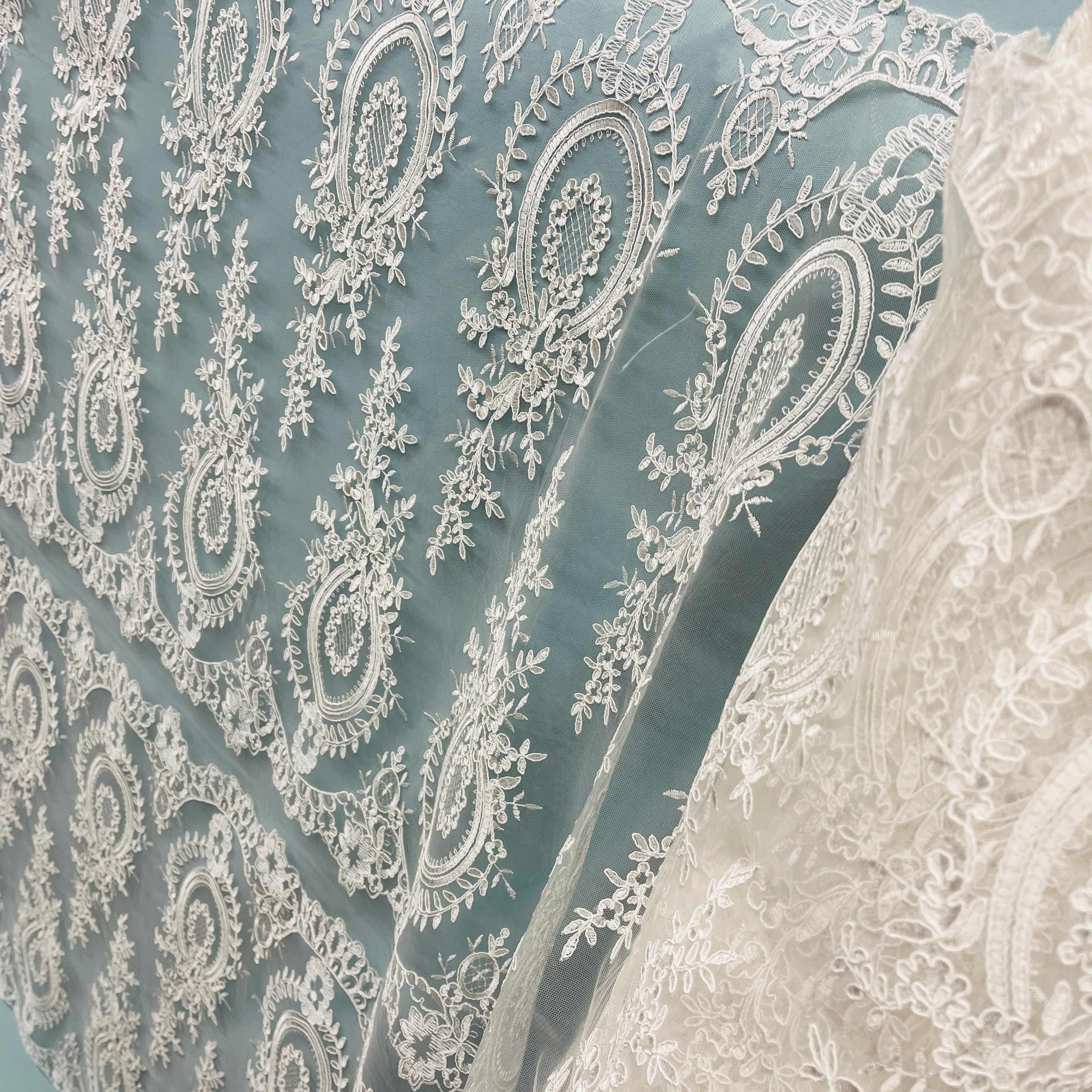 Corded Bridal Lace Fabric Embroidered on 100% Polyester Net Mesh | Lace USA - 97055W