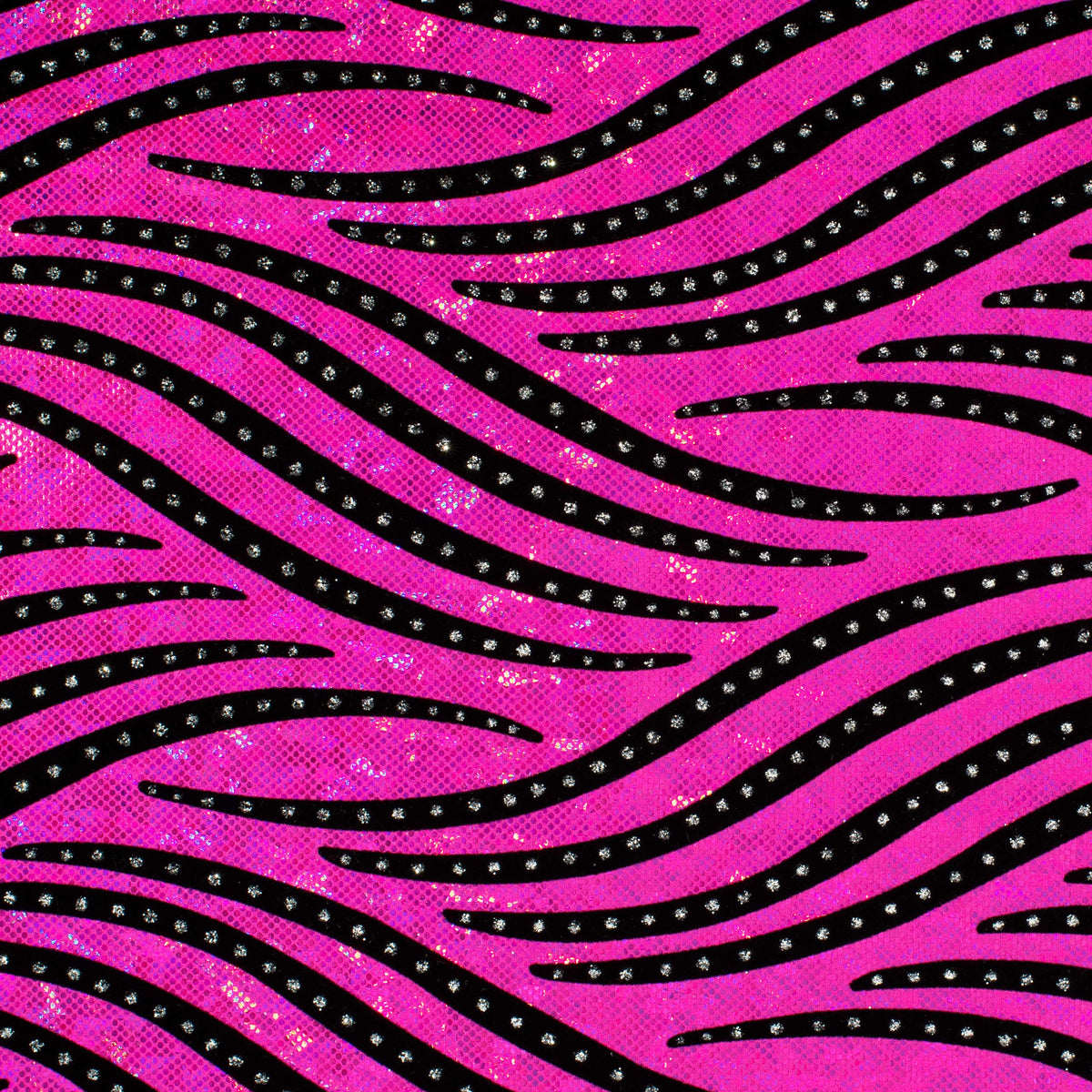 Zebra Flock on Shattered Holo Stretch Nylon Spandex Fabric | Spandex Palace