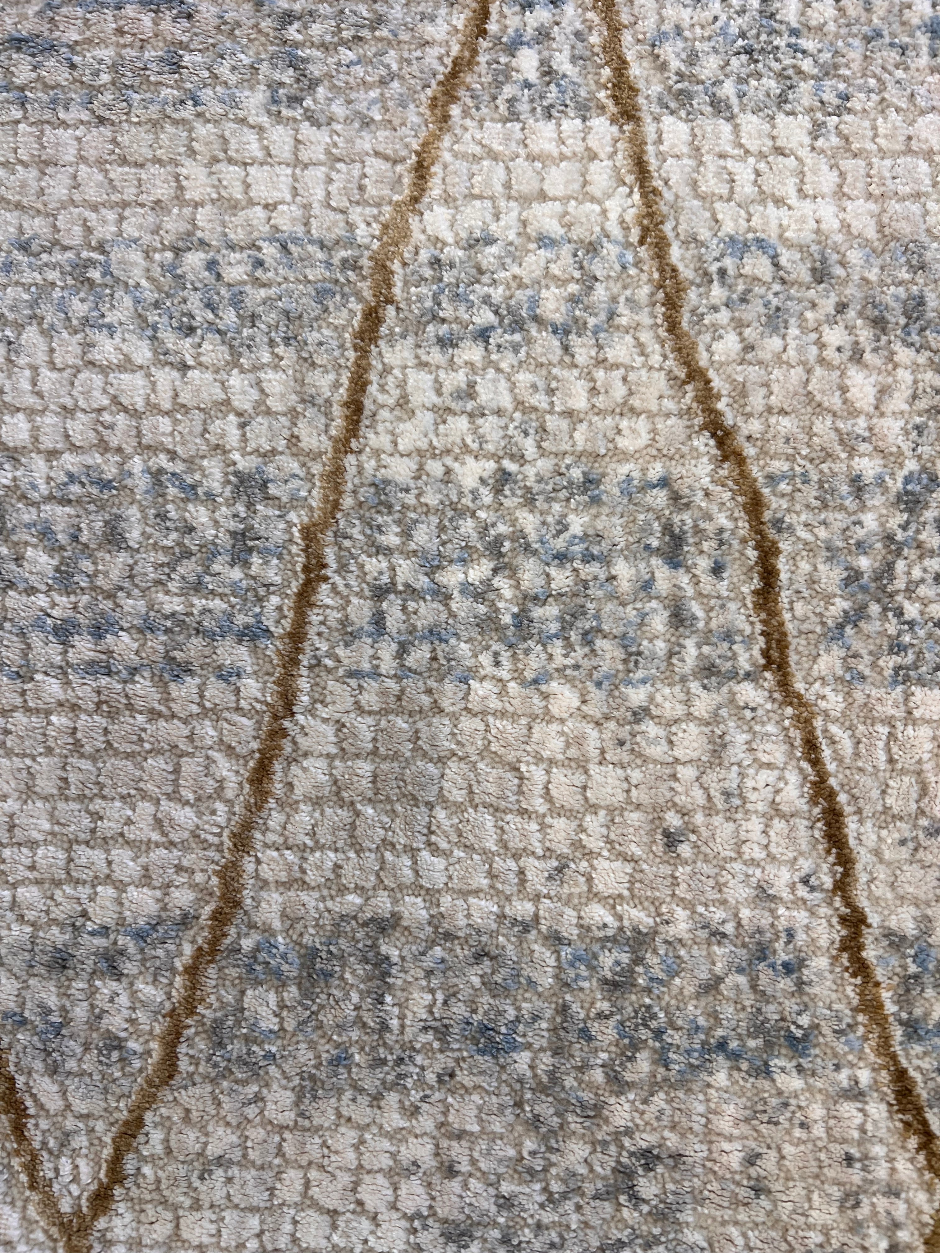 Cream High-Low Texture Rug with Blue, Gray & Gold-Brown Argyle Design - KAI 305