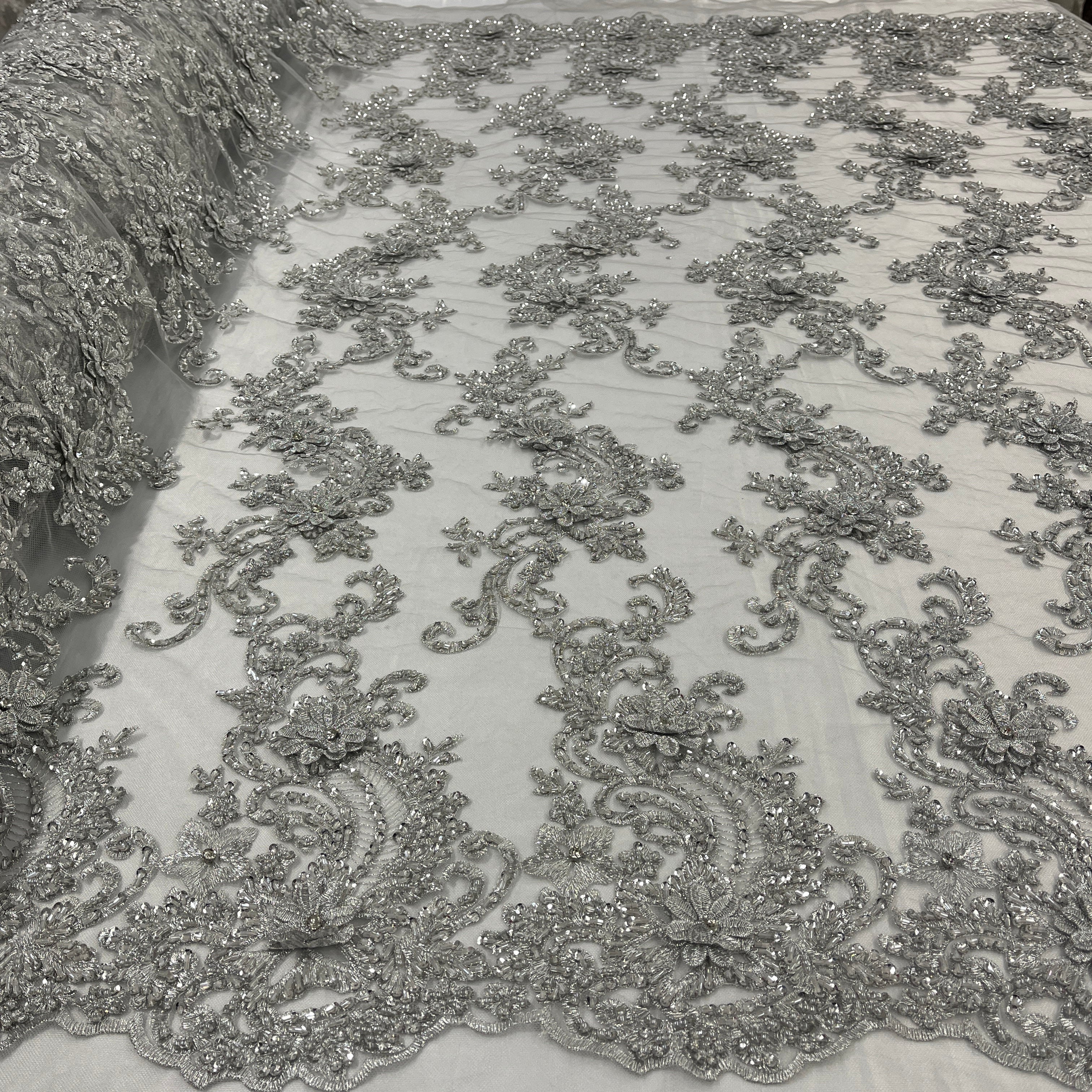 Beaded 3D Floral Lace Fabric Embroidered on 100% Polyester Net Mesh | Lace USA - GD-2302