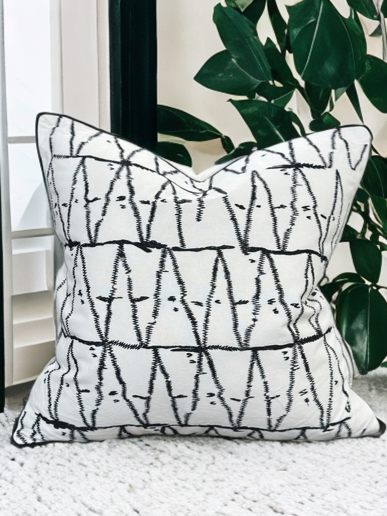 White Velvet Pillow with Black Embroidered Abstract and Thick Border - VIVA015.