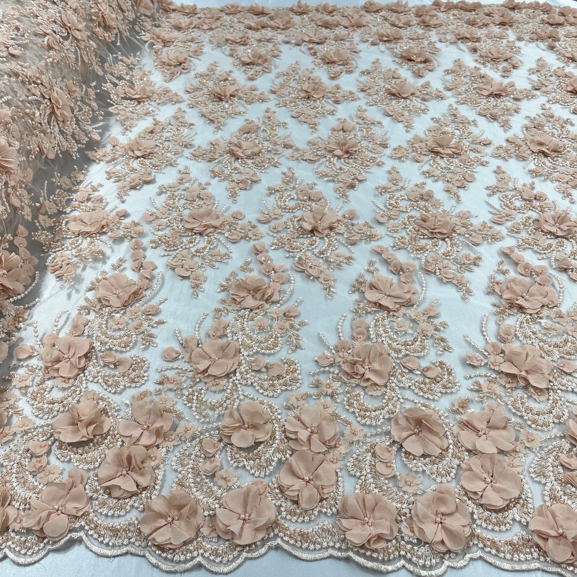 Beaded 3D Floral Lace Fabric Embroidered on 100% Polyester Net Mesh 
| Lace USA - GD-362