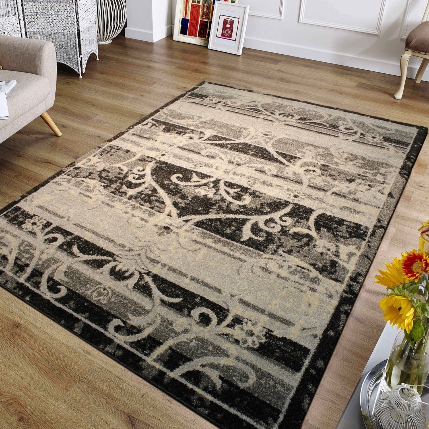 Durable 5x7  Plush Southern Style Black Gray Area Rug Carpet