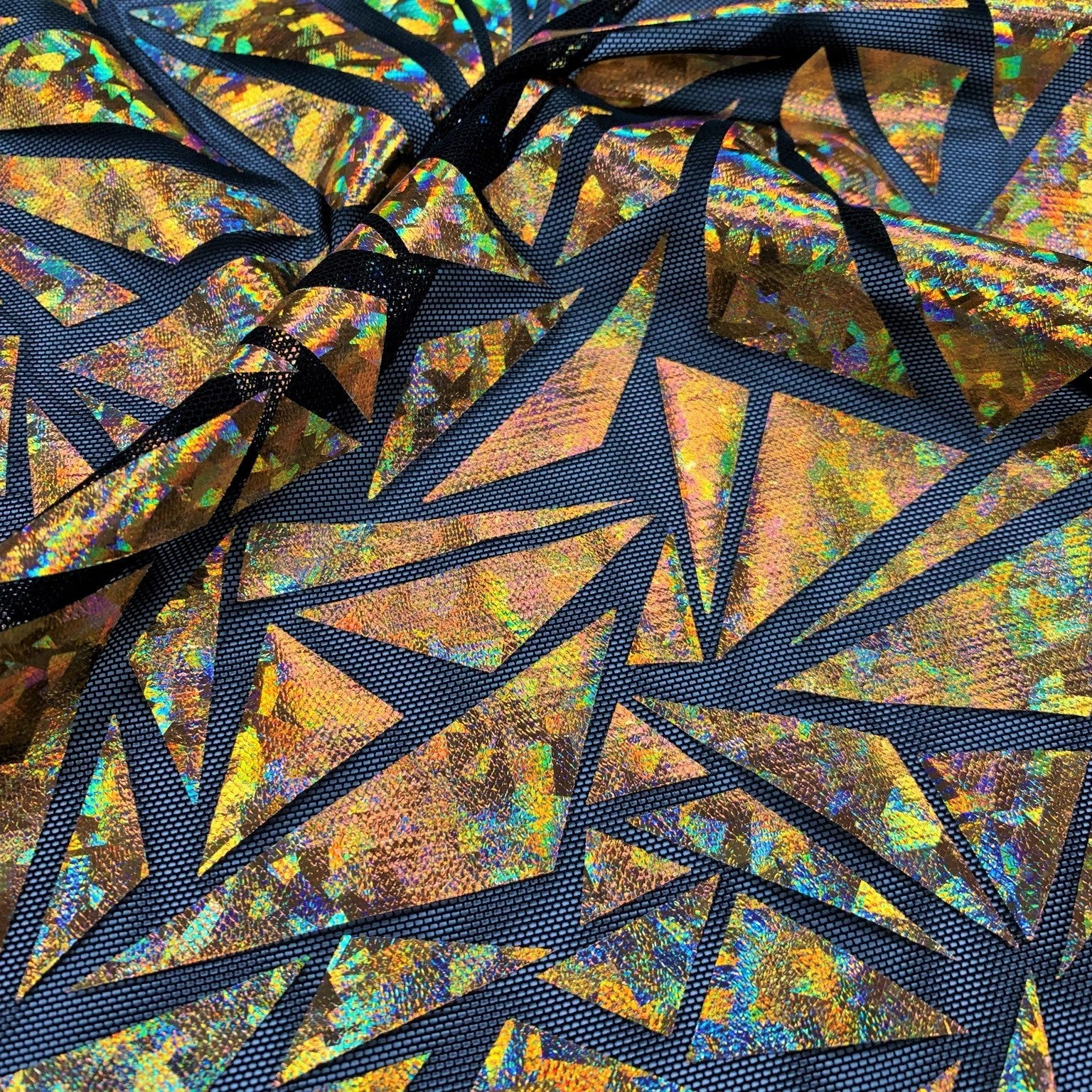 Abstract Triangle Foil Printed Mesh Fabric | Blue Moon Fabrics