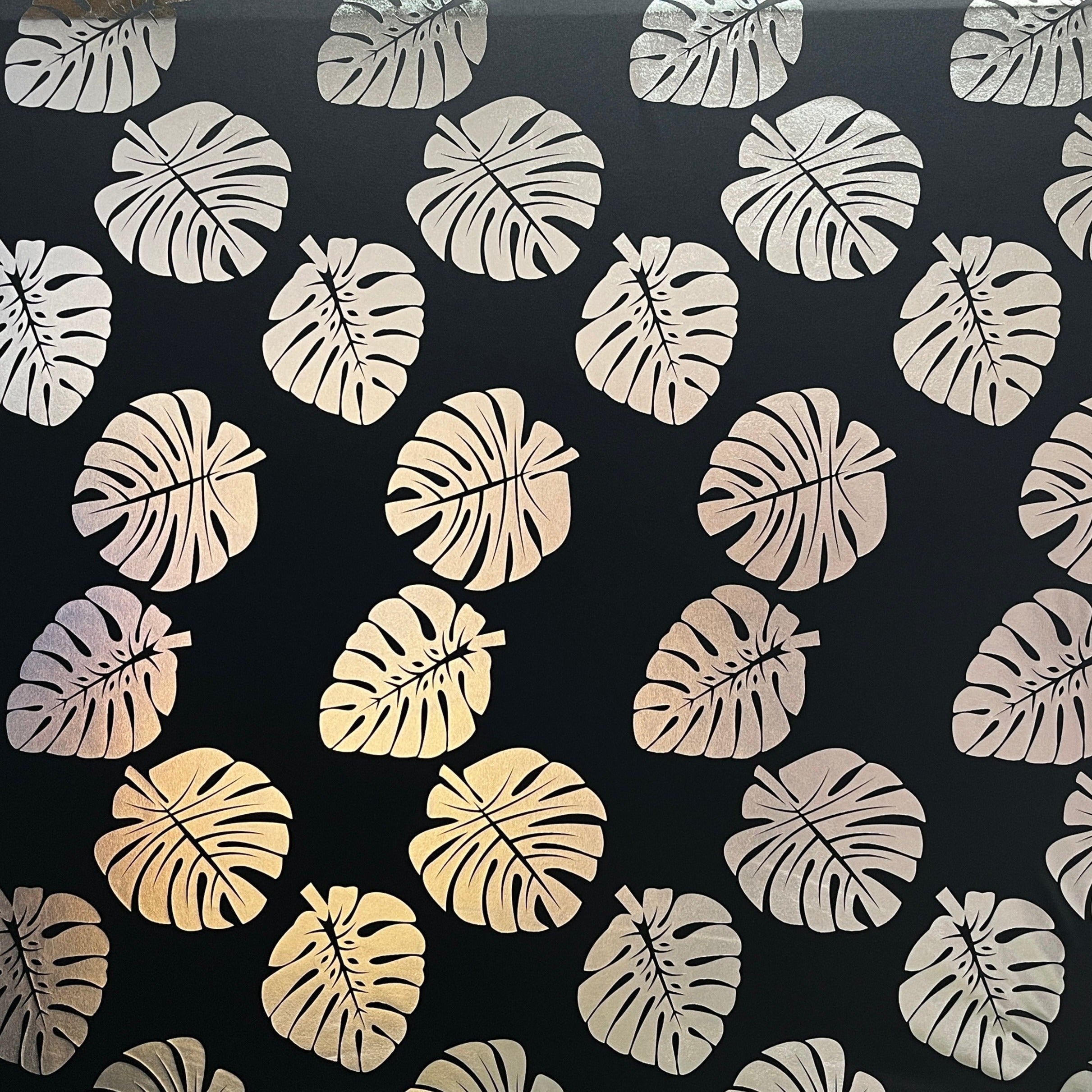All Over Monstera Leaf Design Polyester Foil Fabric | Islands Fabric