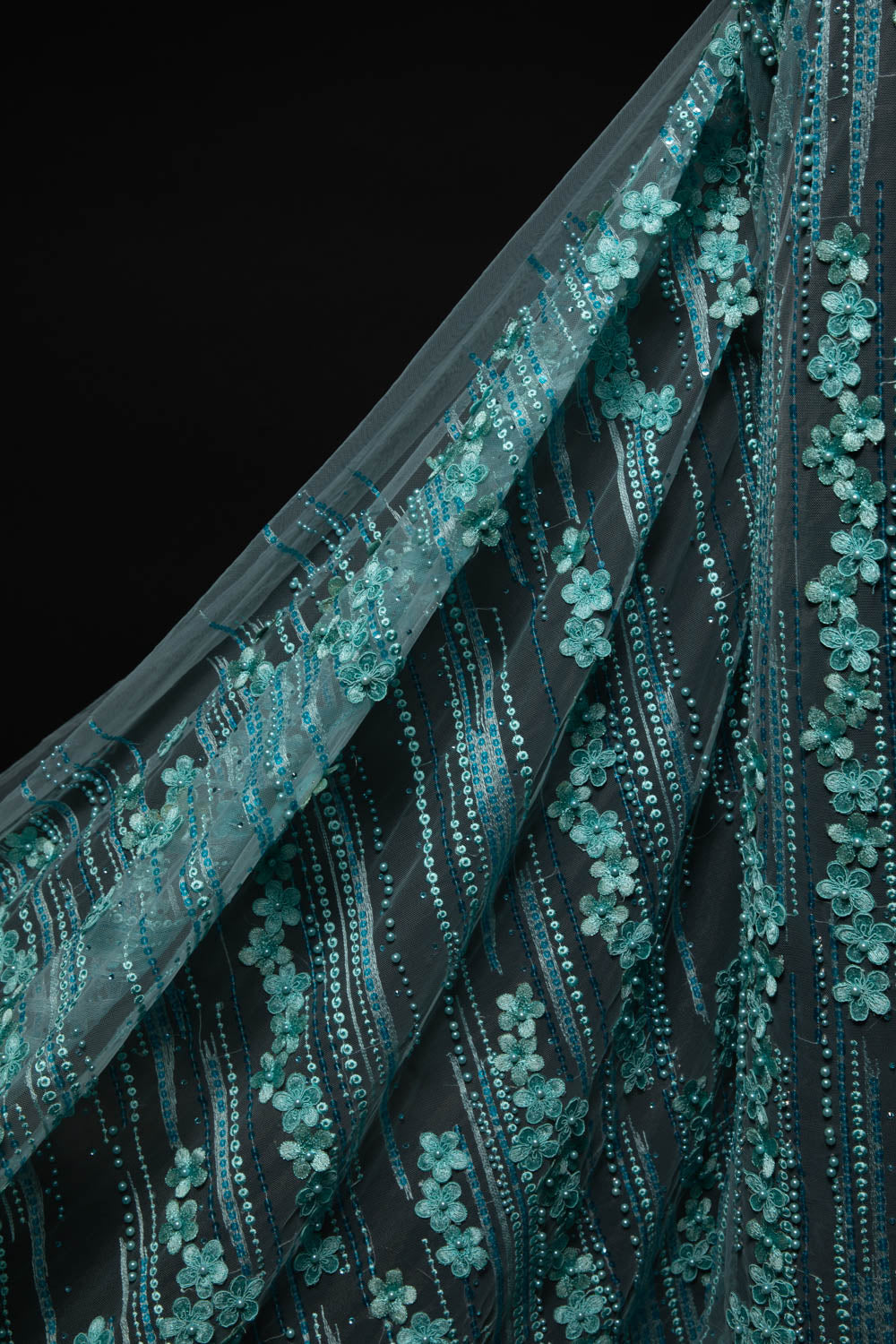 AQUA P/SOFT TULLE LACE FABRIC WITH SEQUINS AND APPLIQUE AND BEAUTIFUL 3D FLORAL DESIGN 52/54" WIDE | Exquisite Fabric