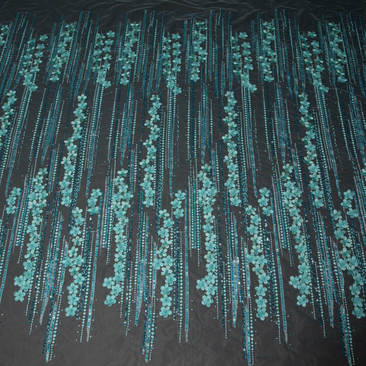 AQUA P/SOFT TULLE LACE FABRIC WITH SEQUINS AND APPLIQUE AND BEAUTIFUL 3D FLORAL DESIGN 52/54" WIDE | Exquisite Fabric