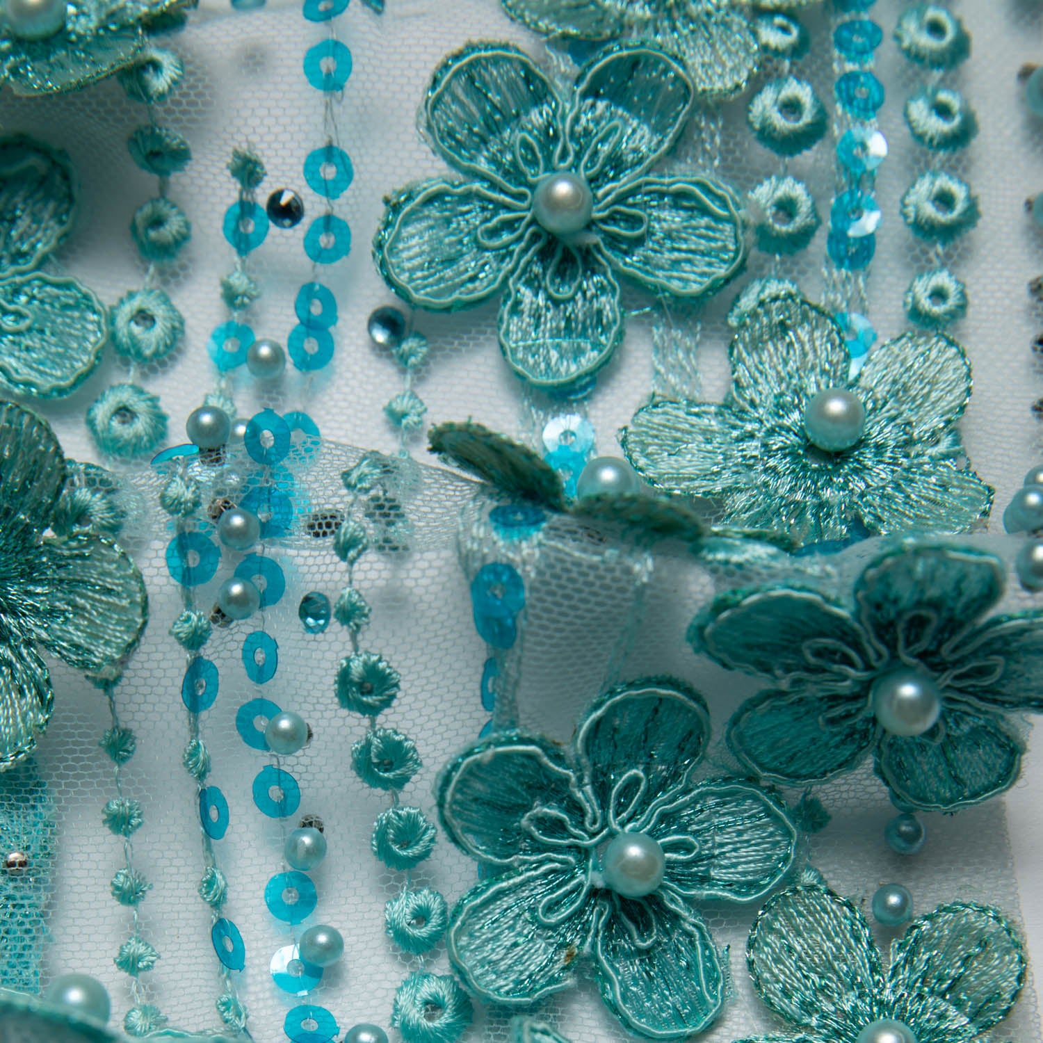 AQUA P/SOFT TULLE LACE FABRIC WITH SEQUINS AND APPLIQUE AND BEAUTIFUL 3D FLORAL DESIGN 52/54" WIDE | Exquisite Fabric