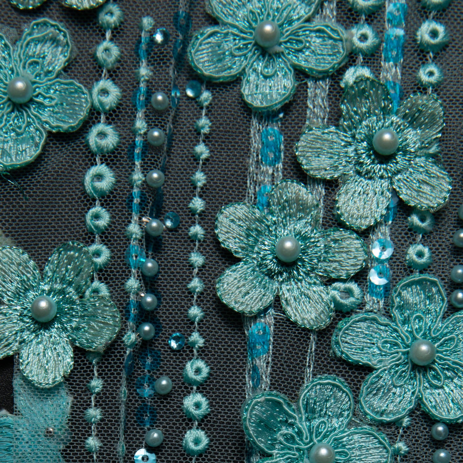 AQUA P/SOFT TULLE LACE FABRIC WITH SEQUINS AND APPLIQUE AND BEAUTIFUL 3D FLORAL DESIGN 52/54" WIDE | Exquisite Fabric