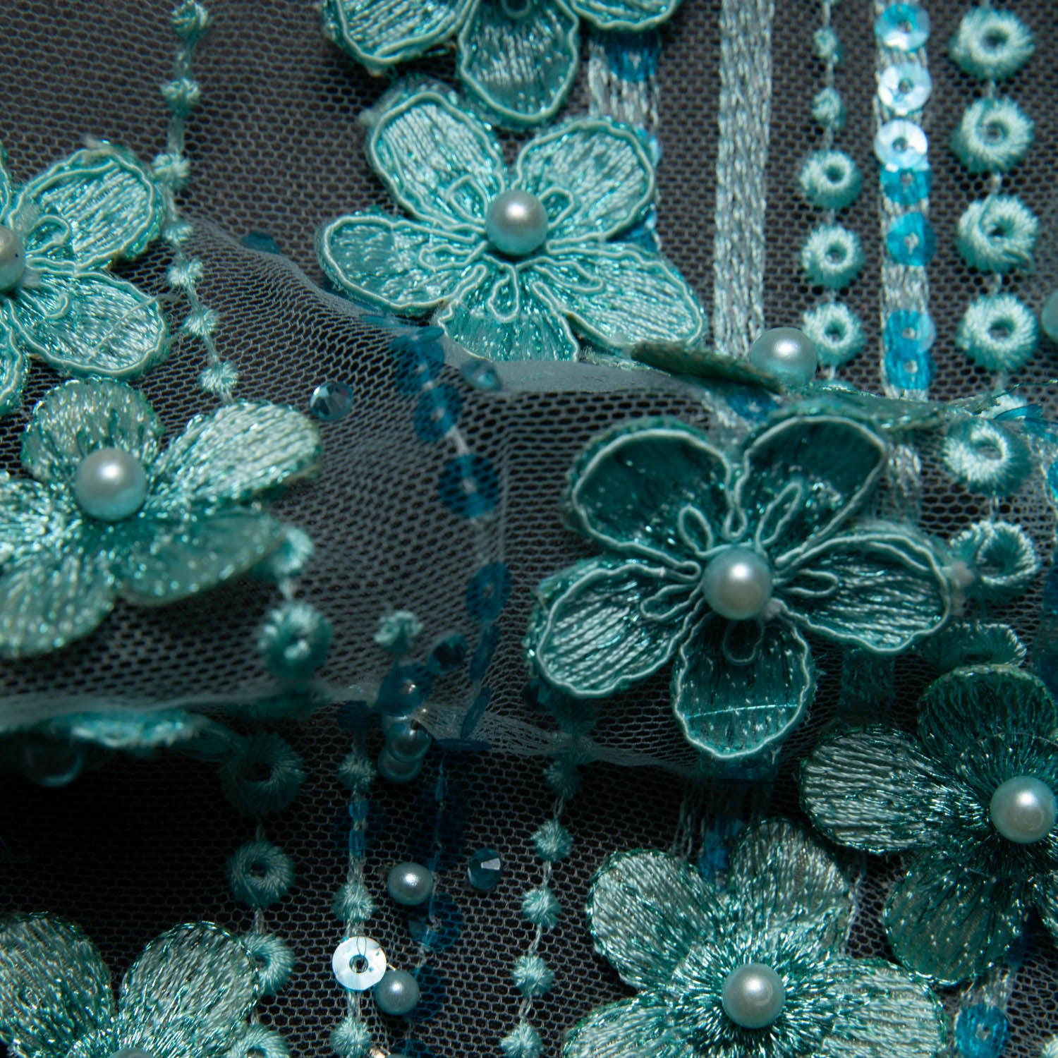 AQUA P/SOFT TULLE LACE FABRIC WITH SEQUINS AND APPLIQUE AND BEAUTIFUL 3D FLORAL DESIGN 52/54" WIDE | Exquisite Fabric