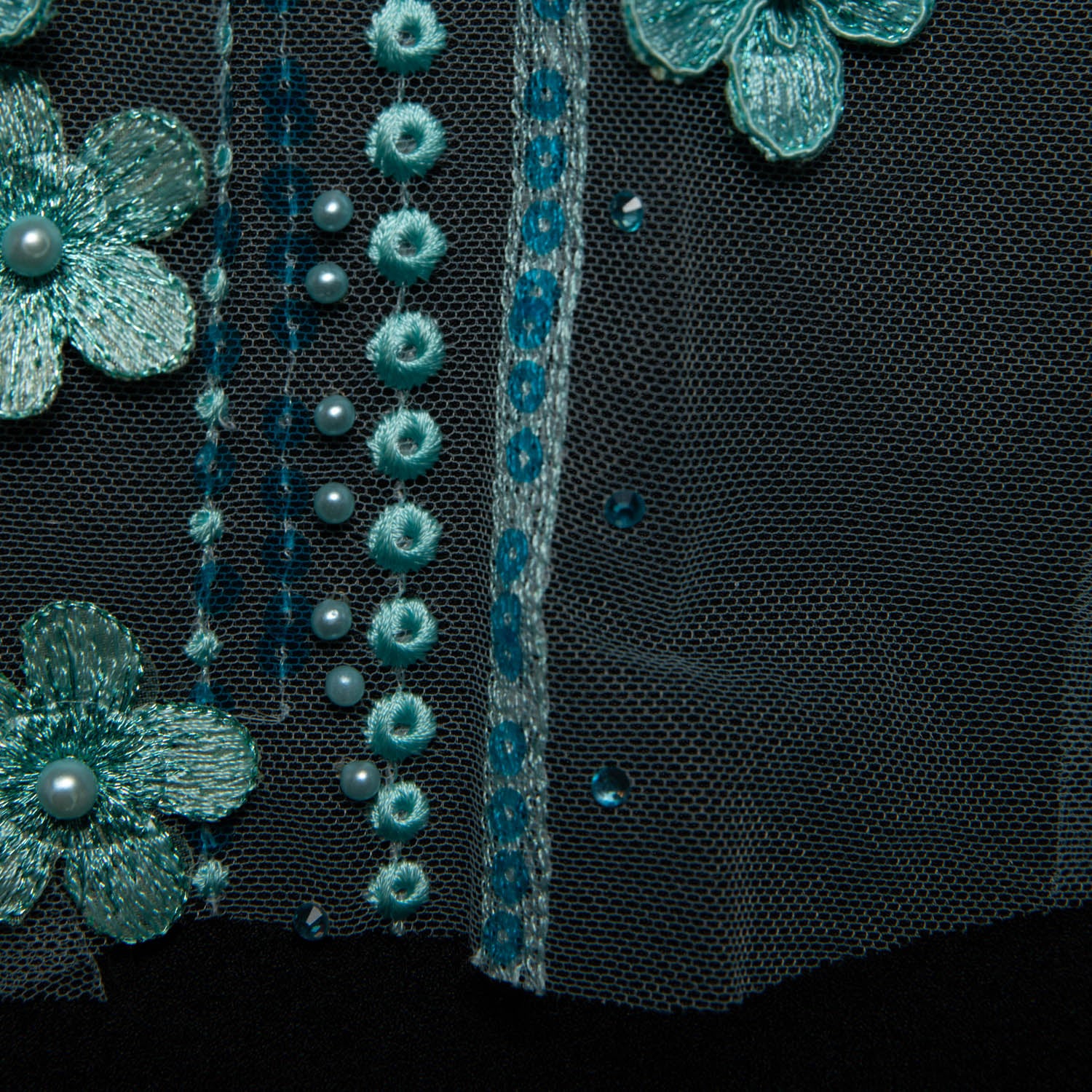 AQUA P/SOFT TULLE LACE FABRIC WITH SEQUINS AND APPLIQUE AND BEAUTIFUL 3D FLORAL DESIGN 52/54" WIDE | Exquisite Fabric