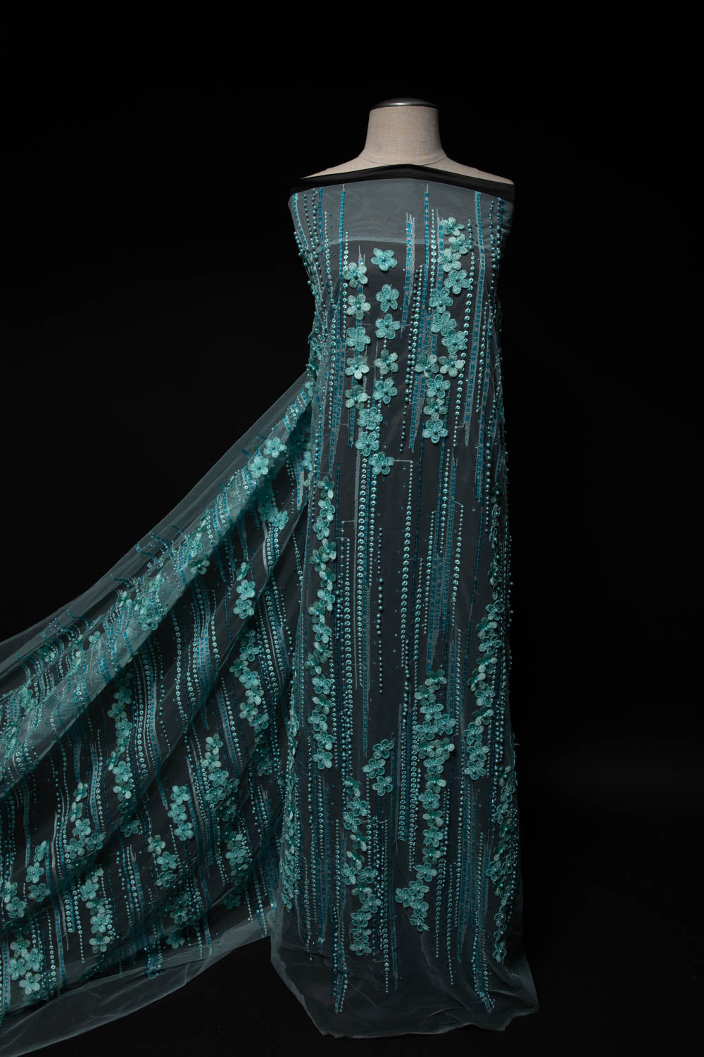 AQUA P/SOFT TULLE LACE FABRIC WITH SEQUINS AND APPLIQUE AND BEAUTIFUL 3D FLORAL DESIGN 52/54" WIDE | Exquisite Fabric