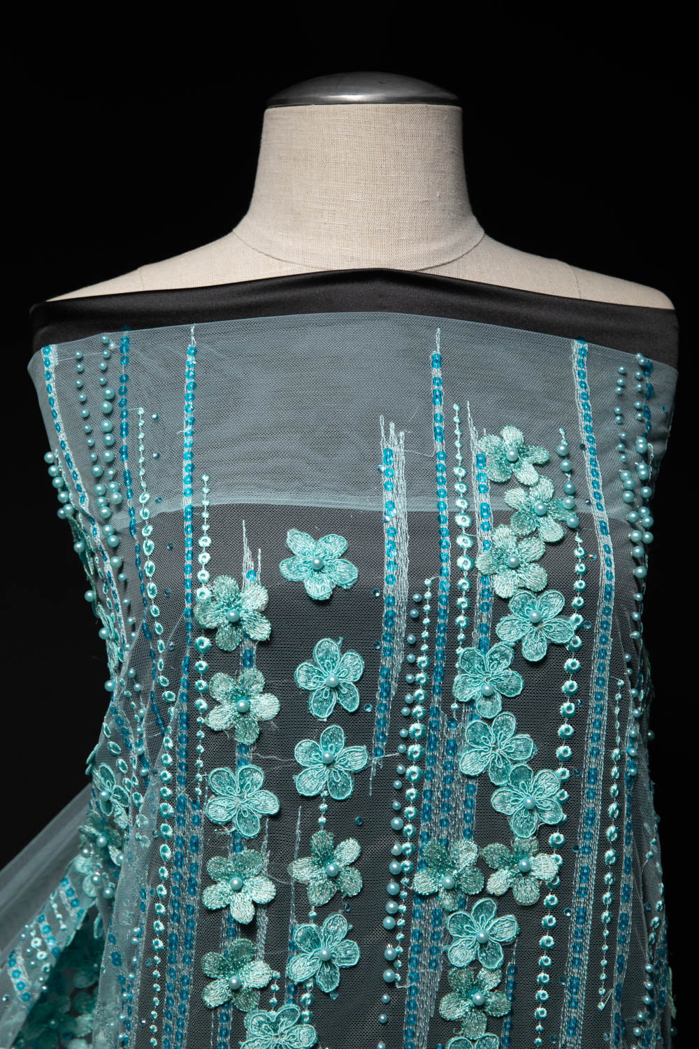 AQUA P/SOFT TULLE LACE FABRIC WITH SEQUINS AND APPLIQUE AND BEAUTIFUL 3D FLORAL DESIGN 52/54" WIDE | Exquisite Fabric