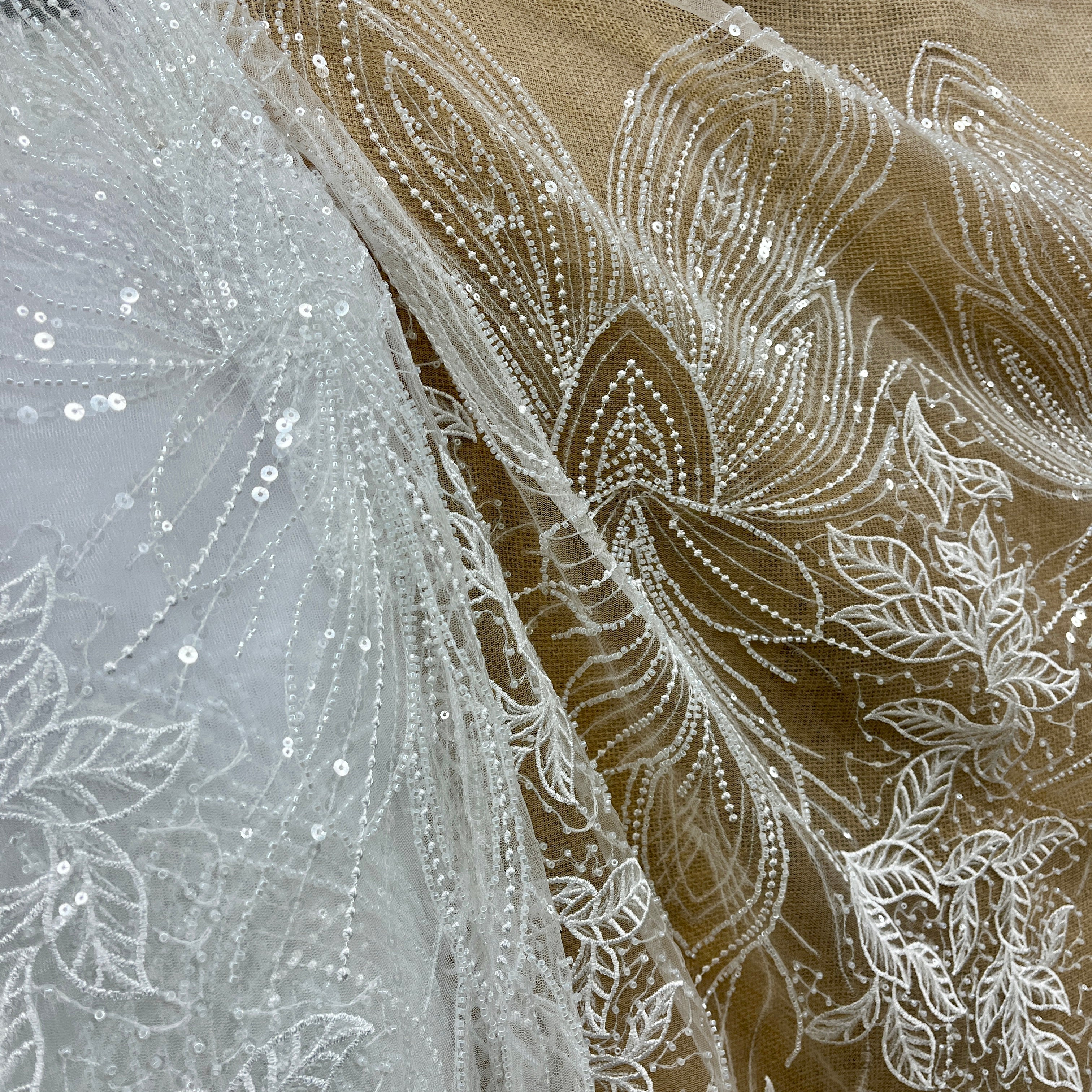 Beaded & Sequined Lace Fabric – Leaf & Vine Design | Lace USA - GD-2918