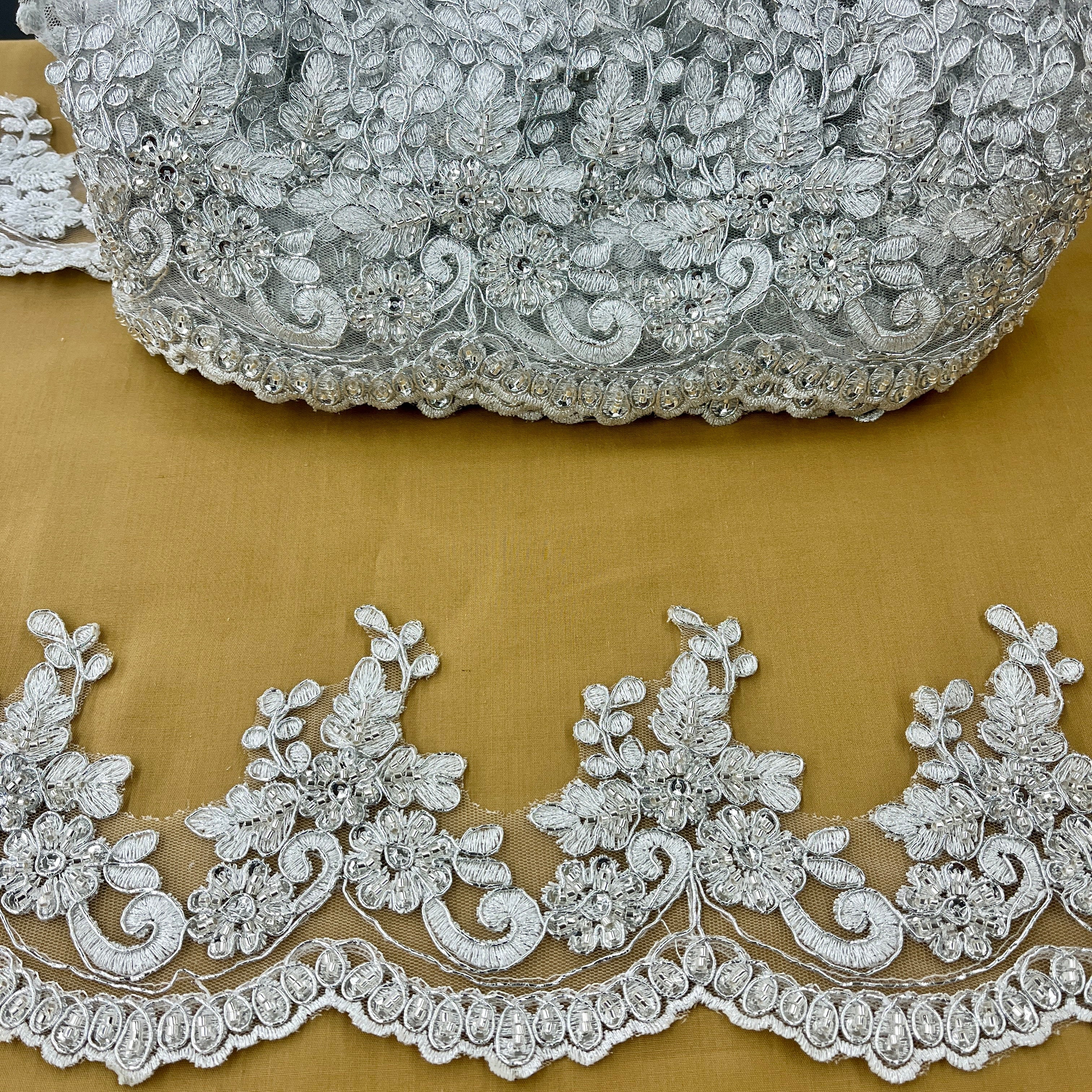 Beaded & Corded Lace Trimming Embroidered on 100% Polyester Net Mesh | Lace USA - 96988W-BP