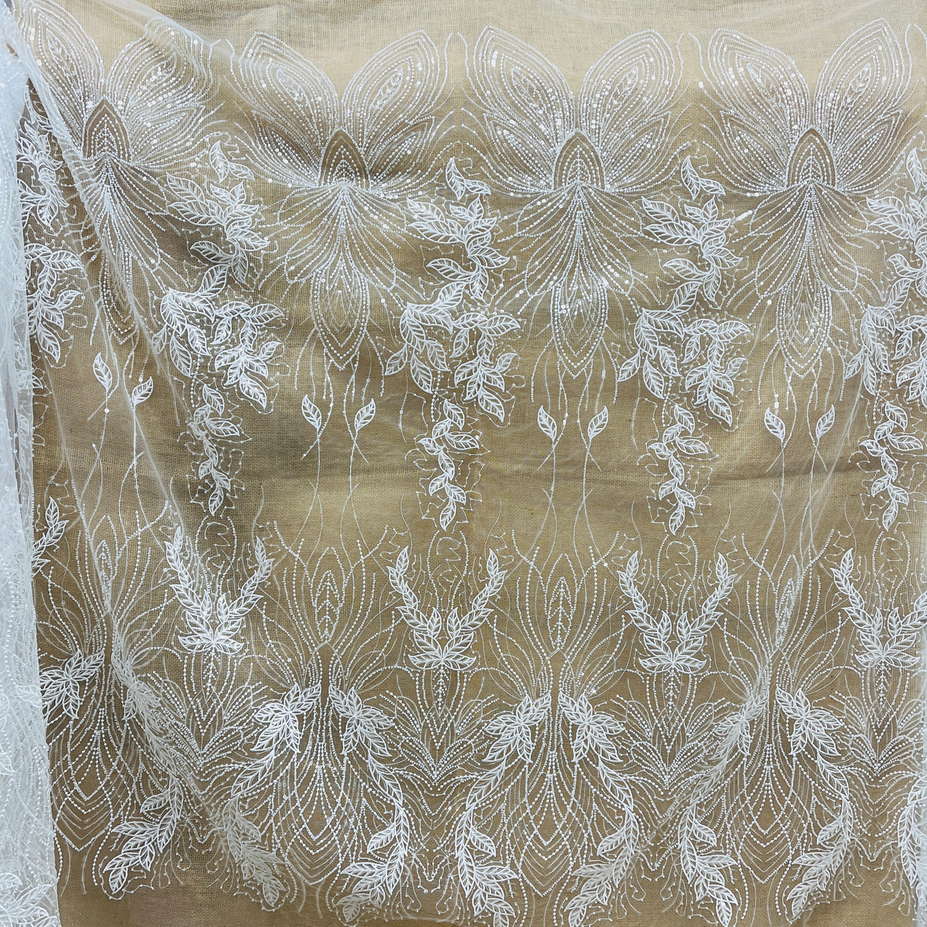Beaded & Sequined Lace Fabric – Leaf & Vine Design | Lace USA - GD-2918