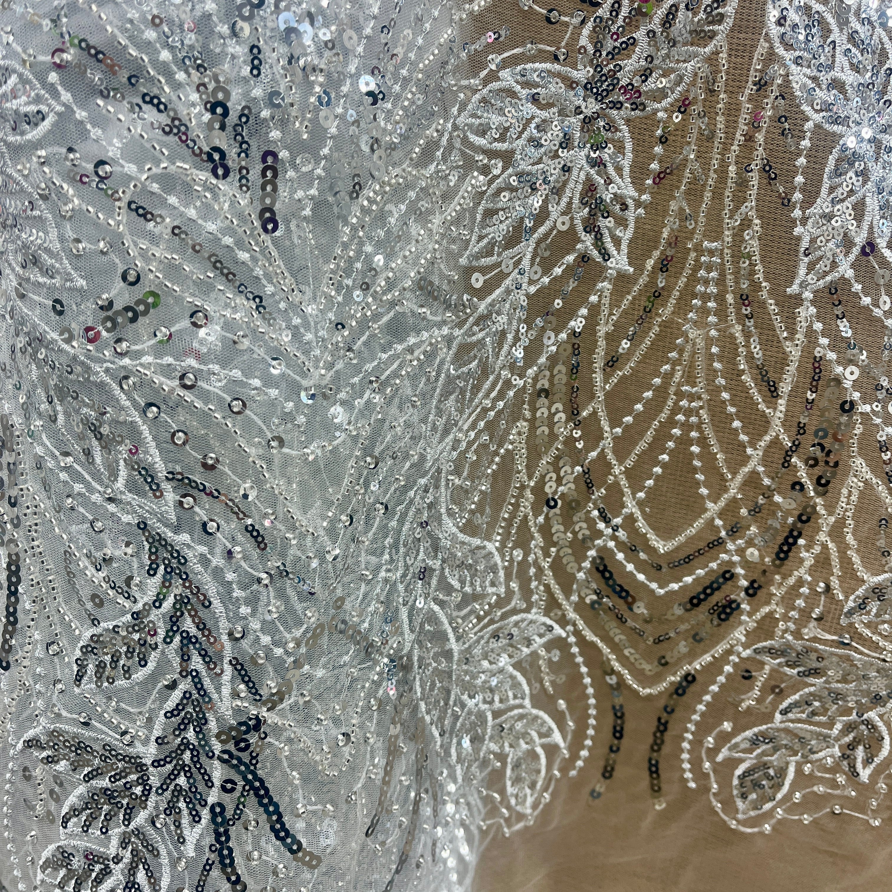 Beaded & Sequined Lace Fabric – Leaf & Vine Design | Lace USA - GD-2918