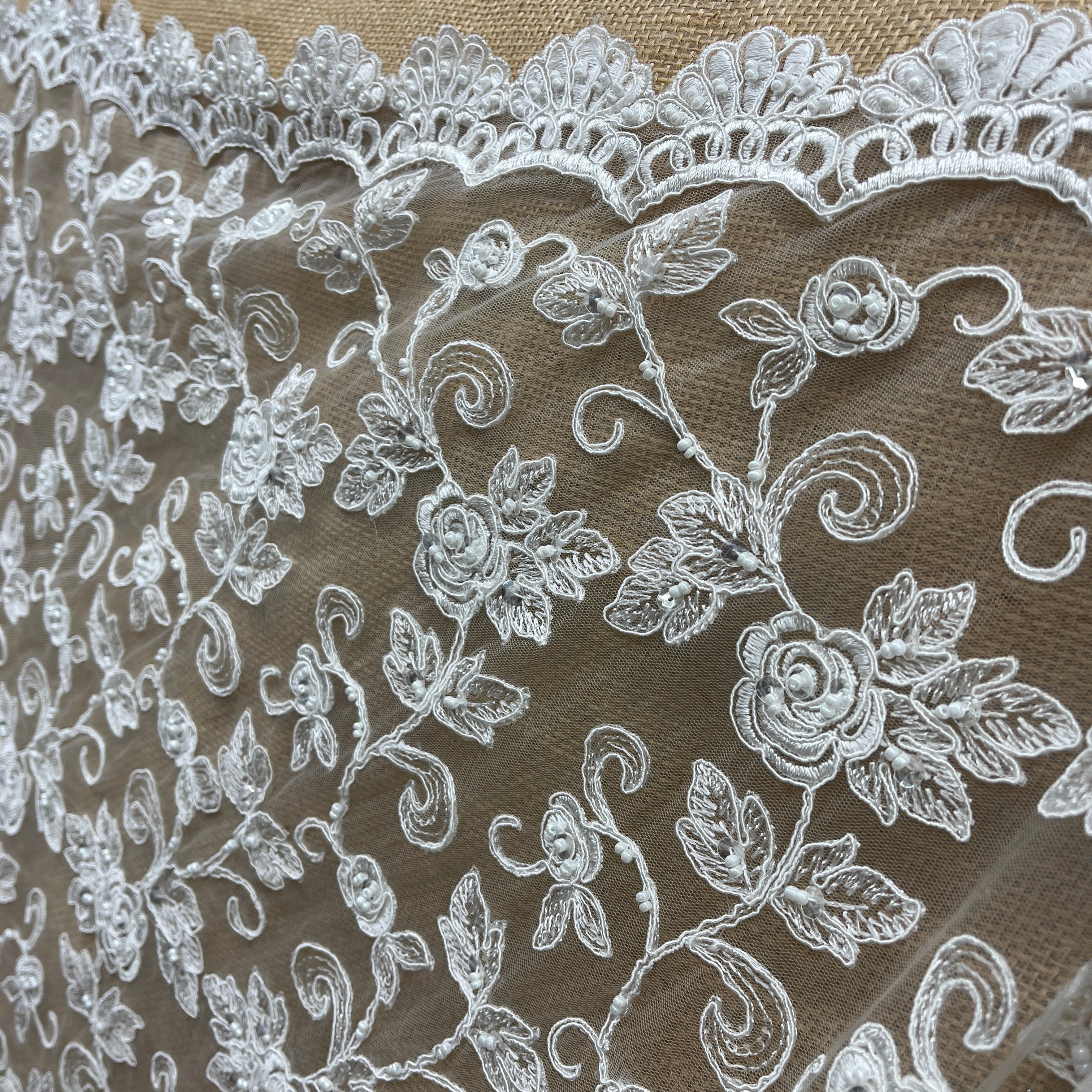 Beaded & Corded Floral  Bridal Lace Fabric  | Lace USA - 95042W-BP