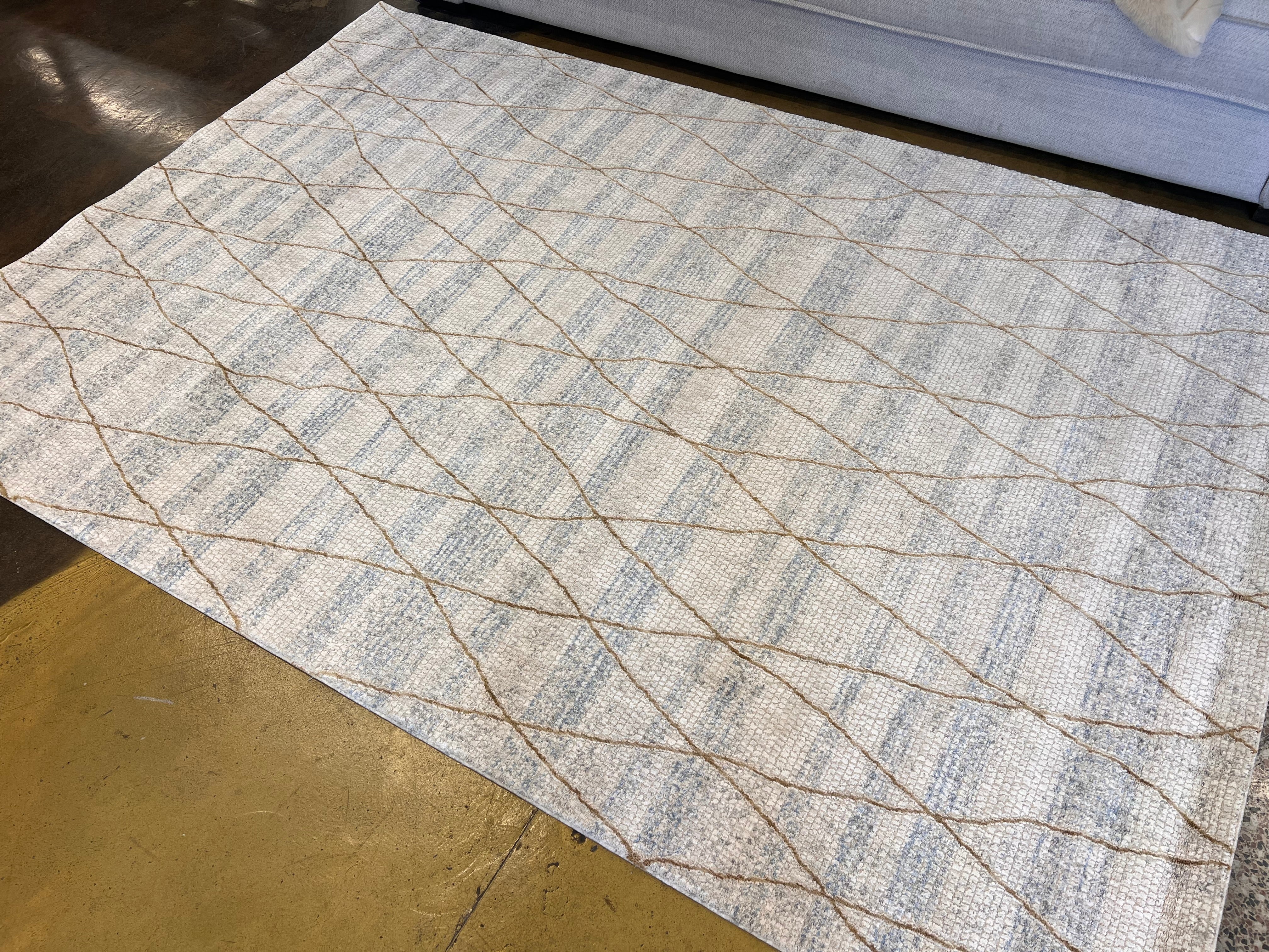 Cream High-Low Texture Rug with Blue, Gray & Gold-Brown Argyle Design - KAI 305