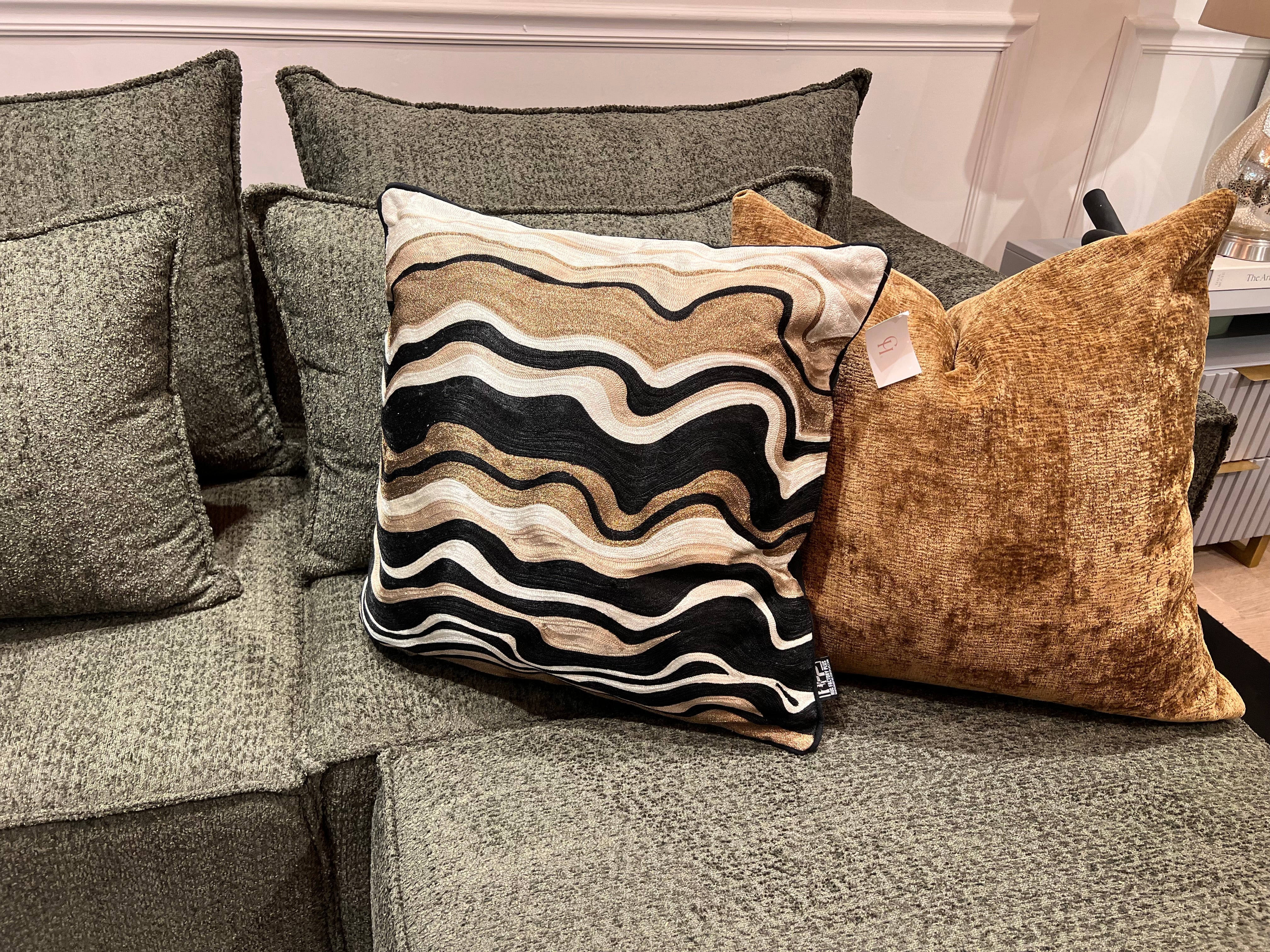 Black Velvet Throw Pillow with Bronze, Black, Beige & Ivory Abstract Embroidery - SEV005.