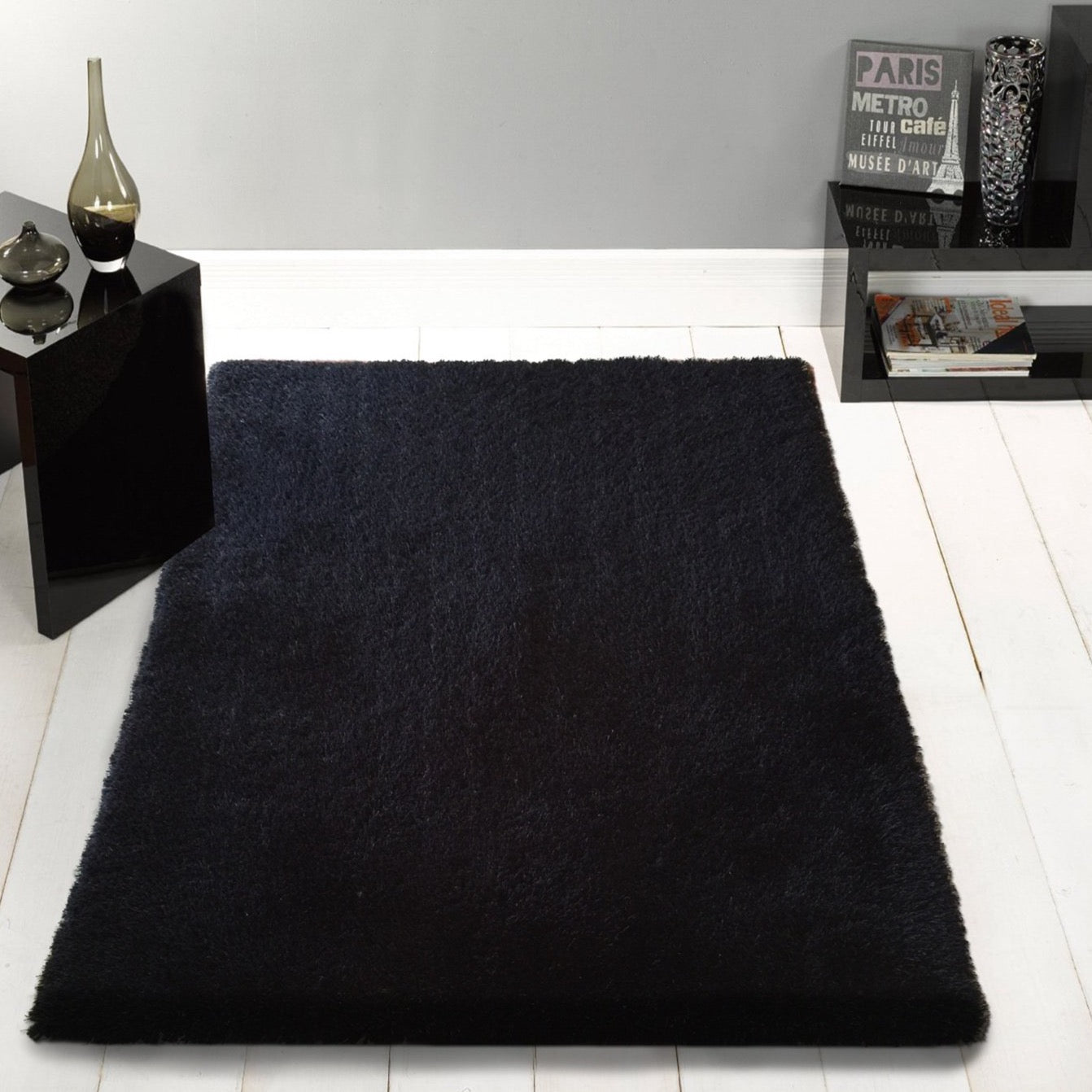 Black Solid Shag Area Rug/Carpet - Crafted from 100% Polyester, Plush Fluffy Shine, Thick and Thin Yarns Design