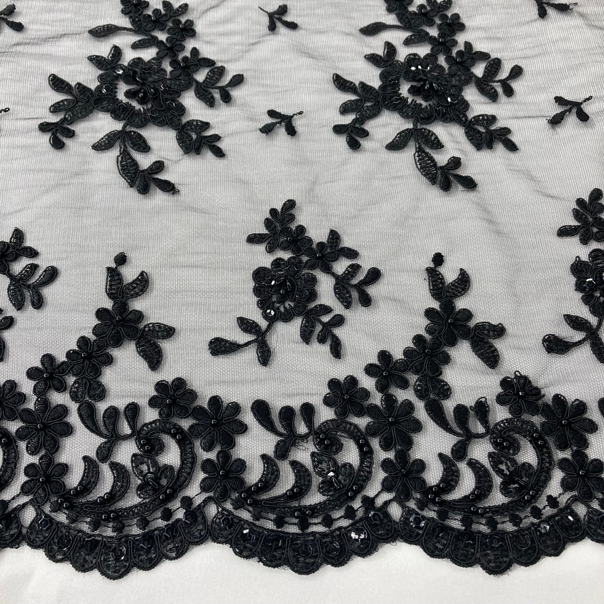 Beaded & Corded Lace Fabric – Floral Design with Scalloped Edges | Lace USA - 91436W-BP