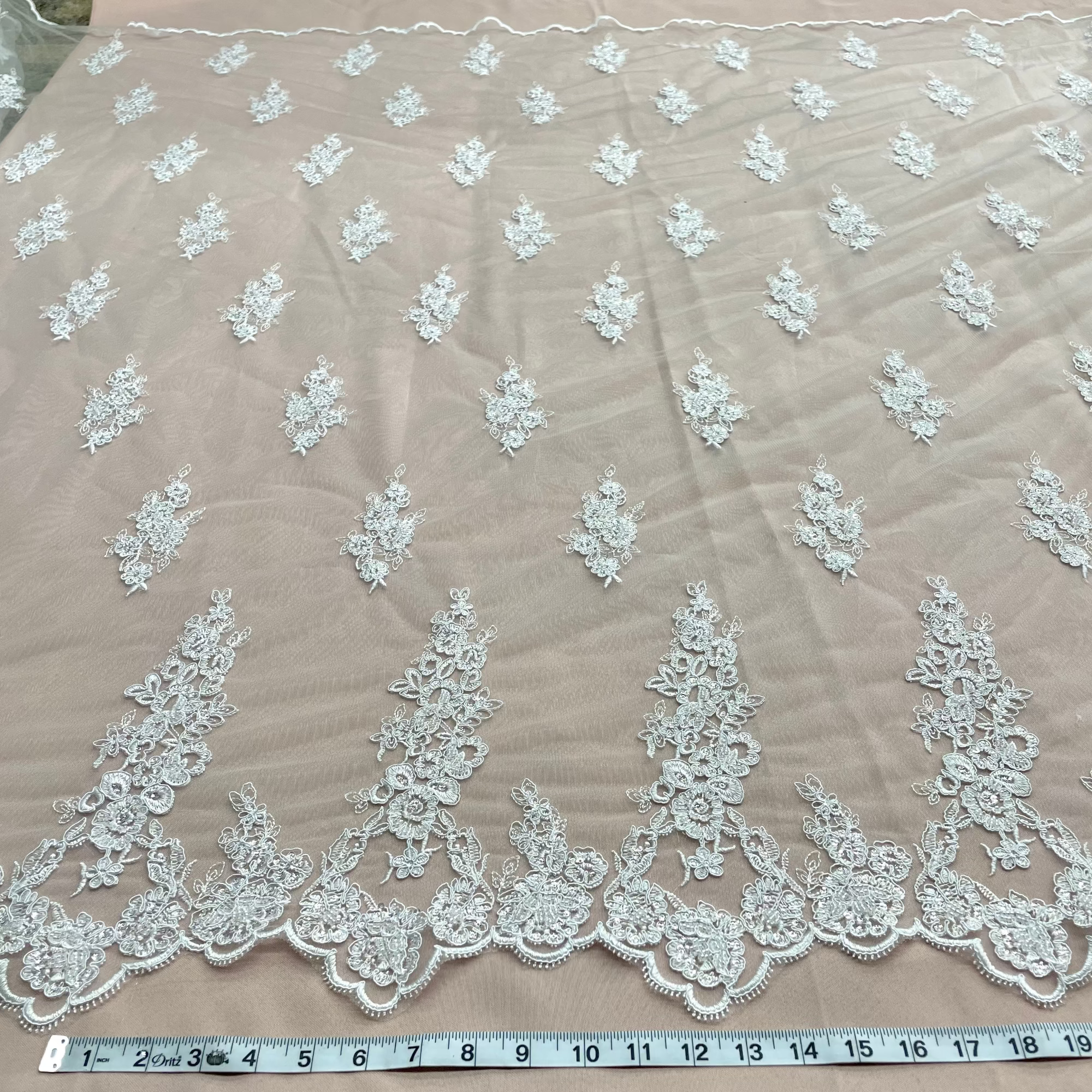 Beaded & Corded Floral Bridal Lace Fabric with Scalloped Border on Net Mesh | Lace USA - 91443W-HB