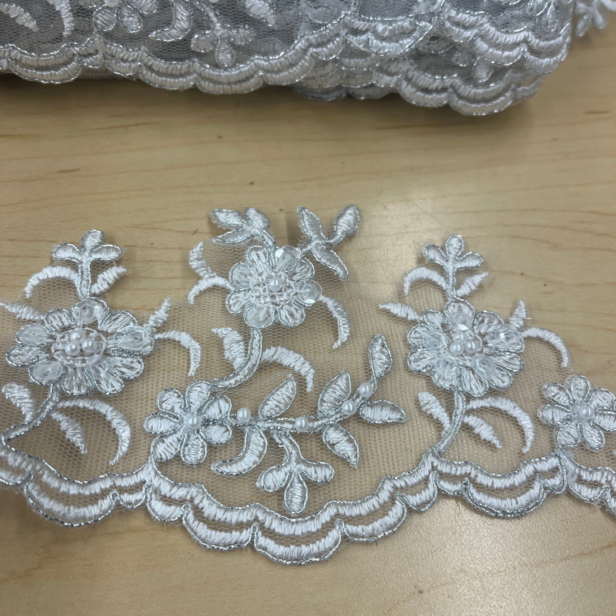 Beaded Corded Scalloped Lace Trim for Baptism, Christening, Bridal | Lace USA - 95914W-BP