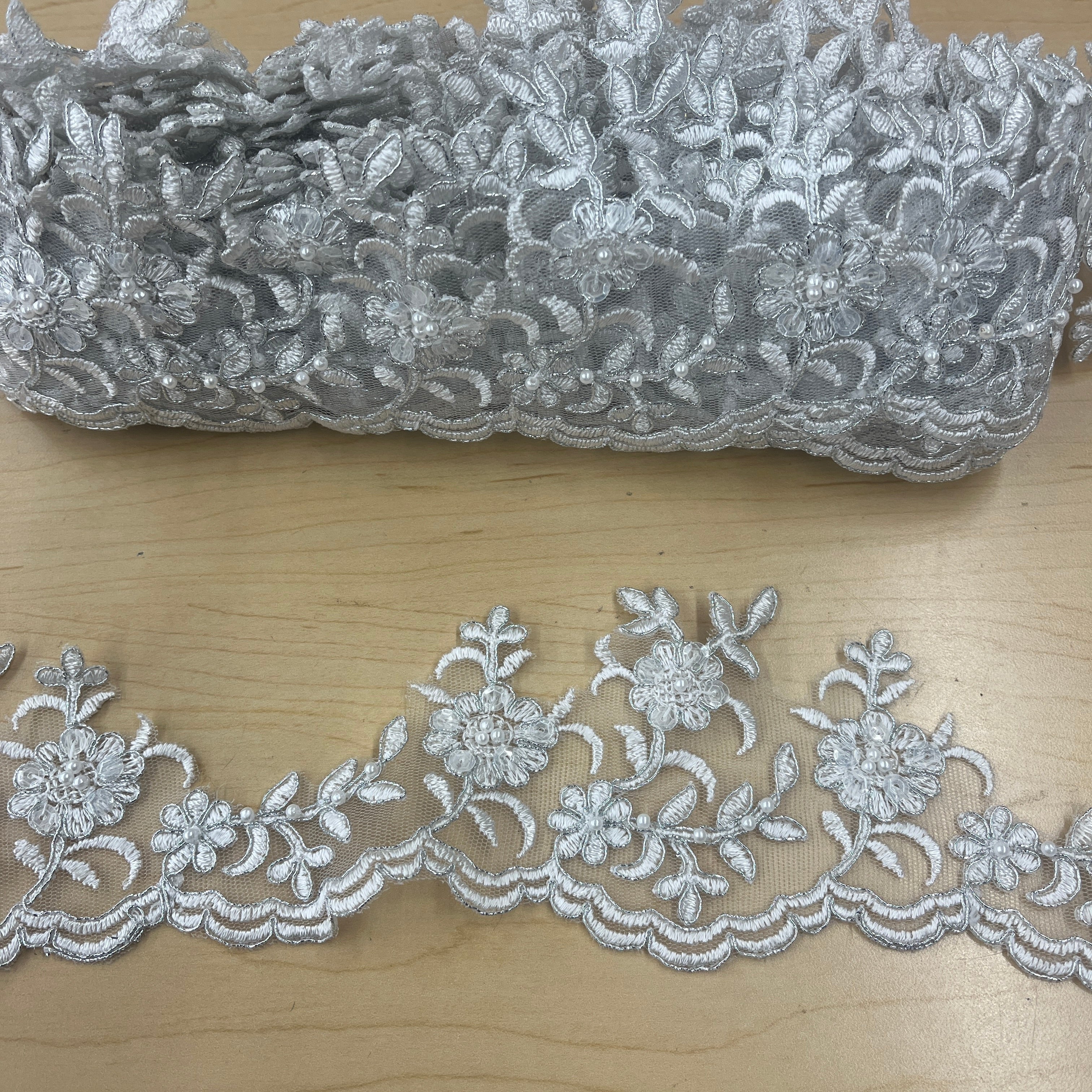 Beaded Corded Scalloped Lace Trim for Baptism, Christening, Bridal | Lace USA - 95914W-BP