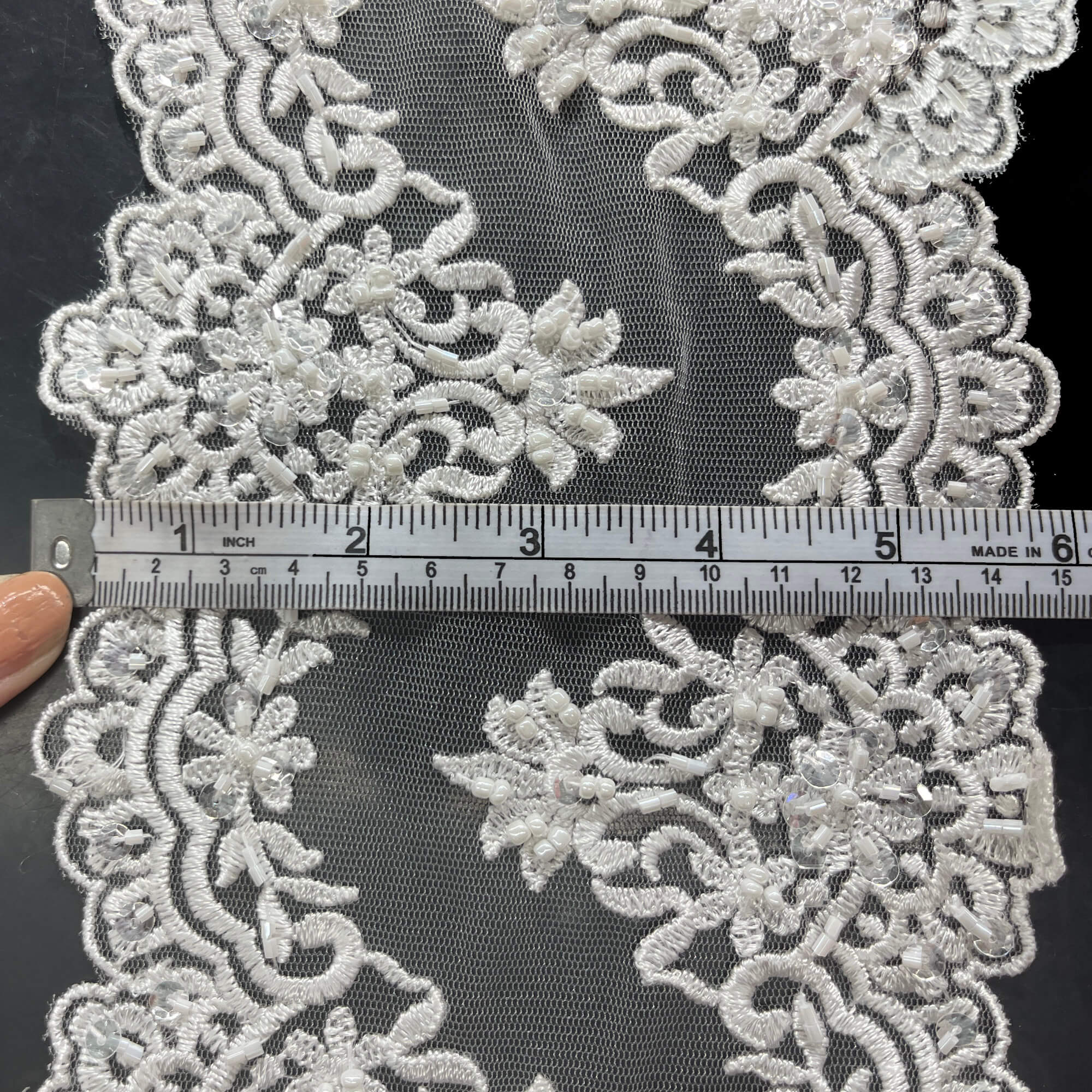 Beaded Double Sided Lace Trimming Embroidered on 100% Polyester Net Mesh | Lace USA - 21926W/2-BP