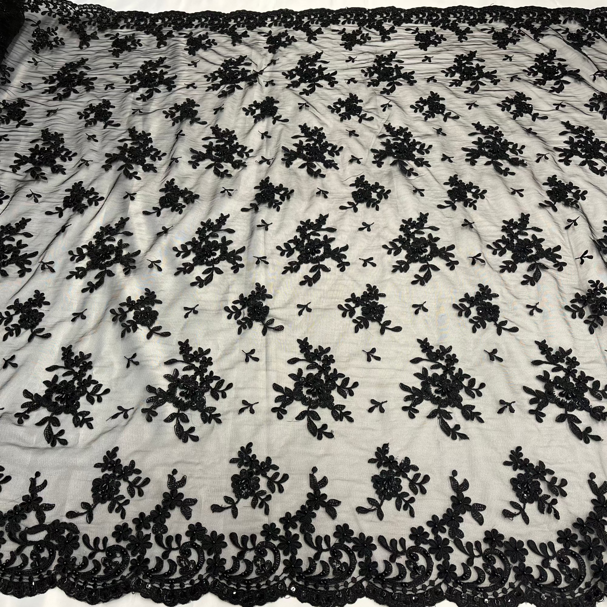 Beaded & Corded Lace Fabric – Floral Design with Scalloped Edges | Lace USA - 91436W-BP