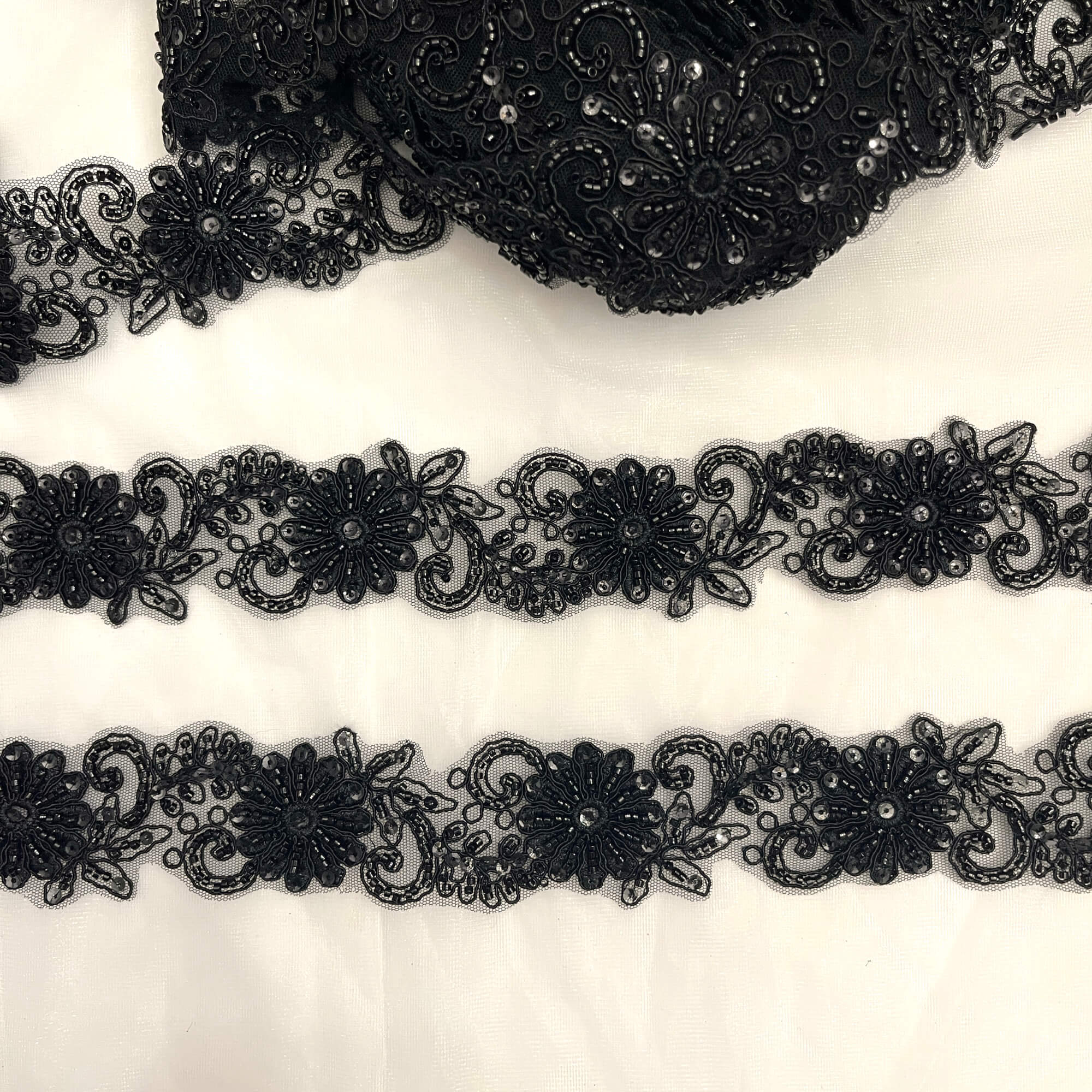 Beaded & Corded Lace Trimming Embroidered on 100% Polyester Net Mesh | Lace USA - 96275W-BP