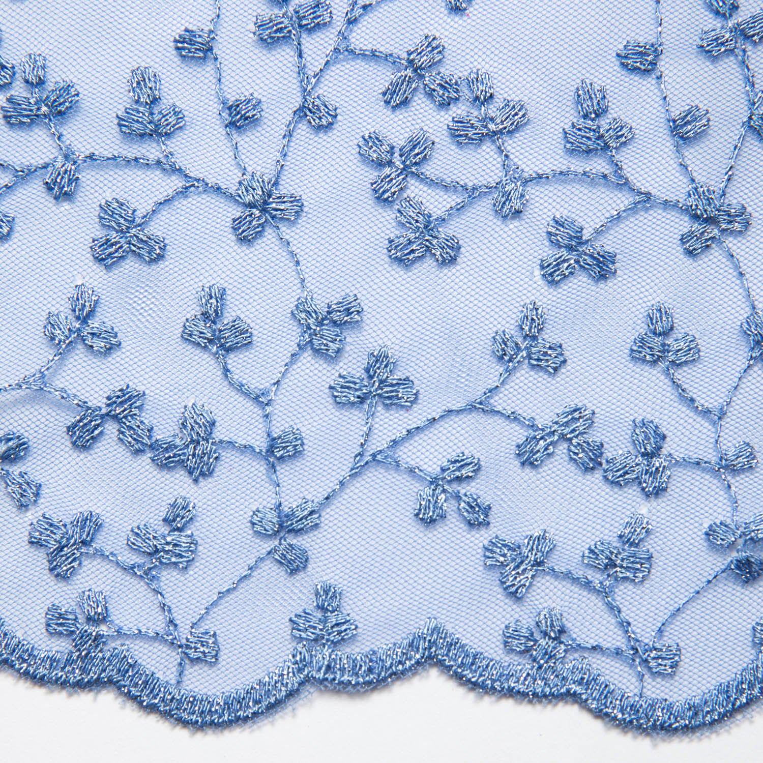 BLUE MESH LACE FABRIC WITH METALLIC EMBROIDERED WITH BEAUTIFUL FLORAL PATTERN 52" WIDE | Exquisite Fabric