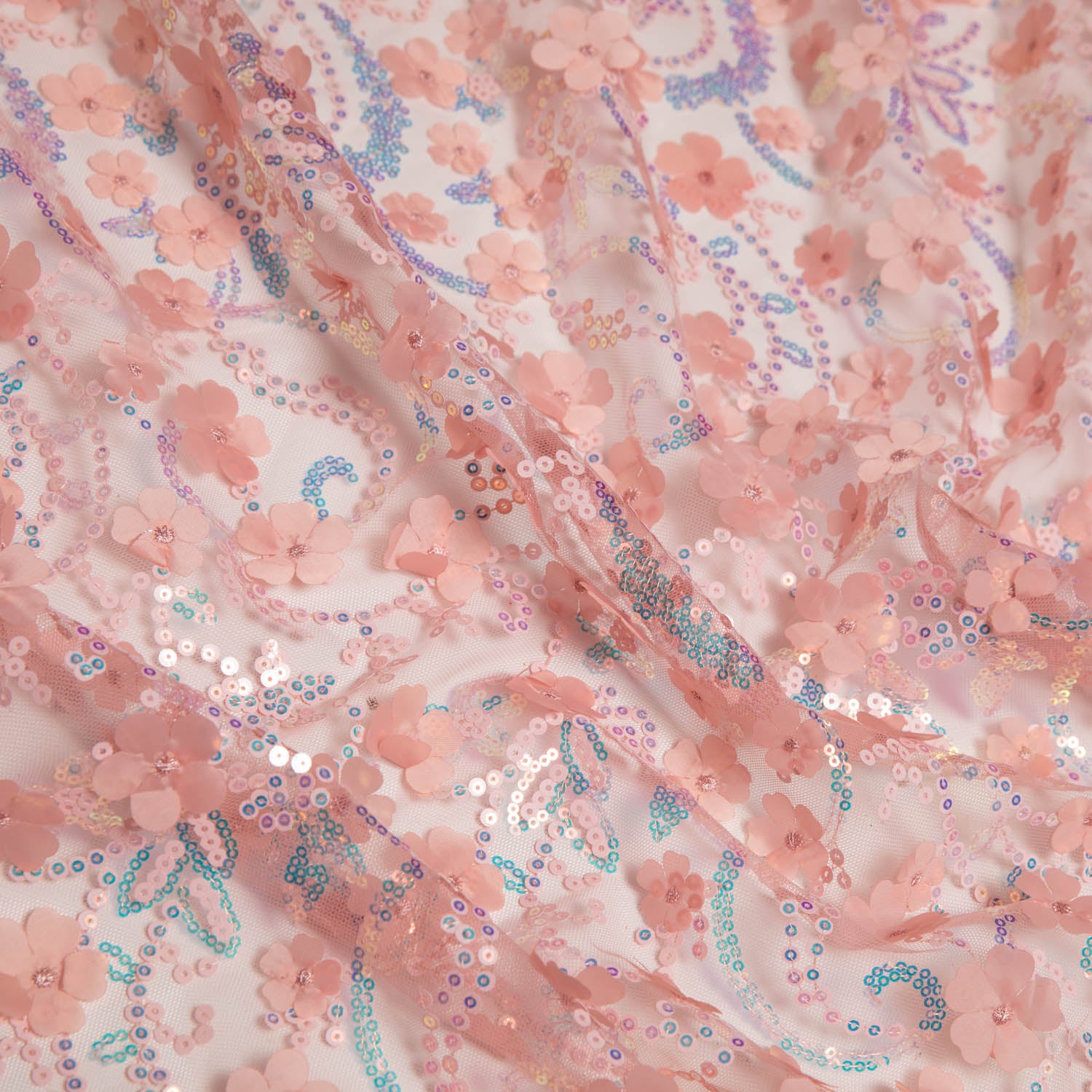 Tulle Lace Fabric Embroidered with Applique and Incredible 3D Floral Pattern 52" Wide | Exquisite Fabric