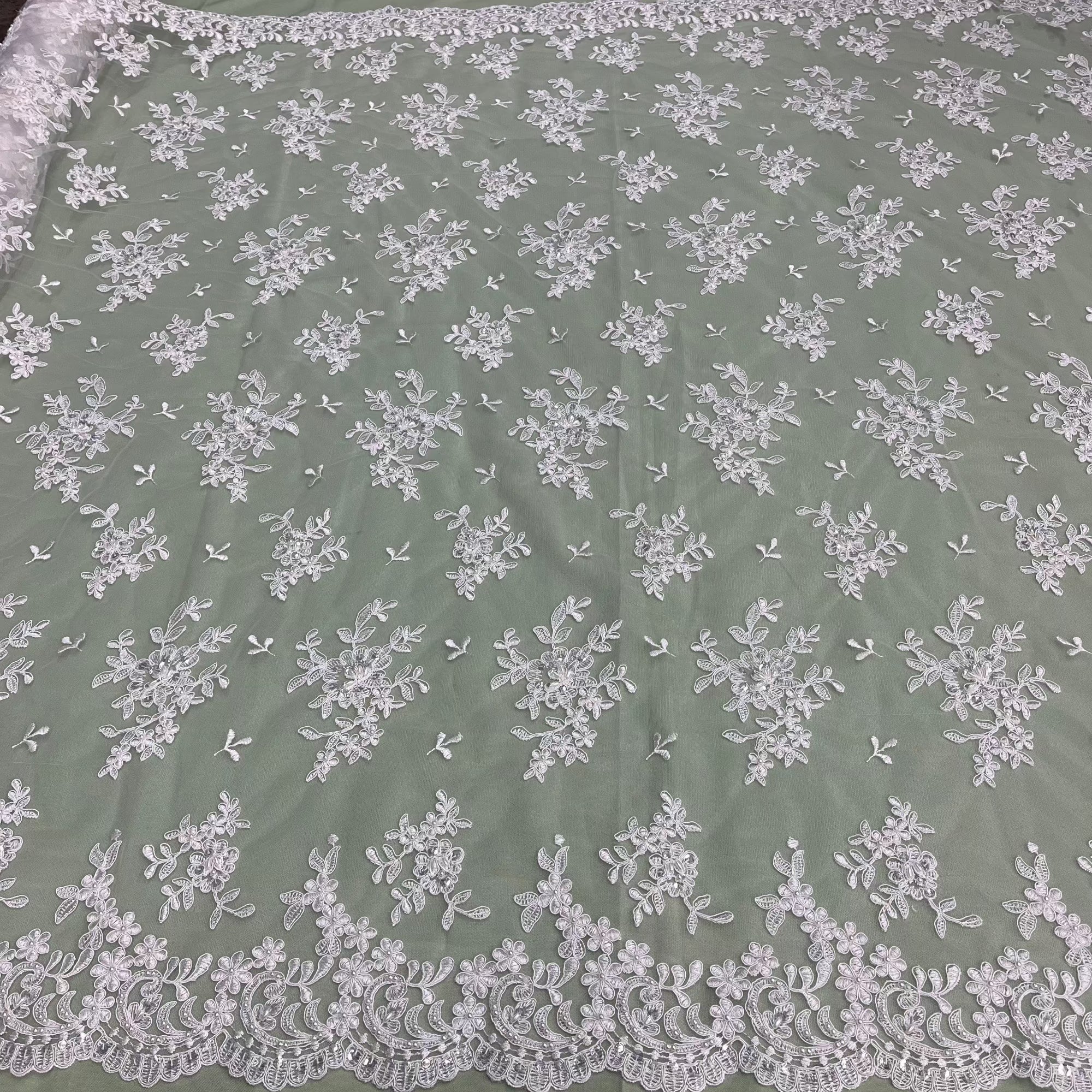 Beaded & Corded Lace Fabric – Floral Design with Scalloped Edges | Lace USA - 91436W-BP