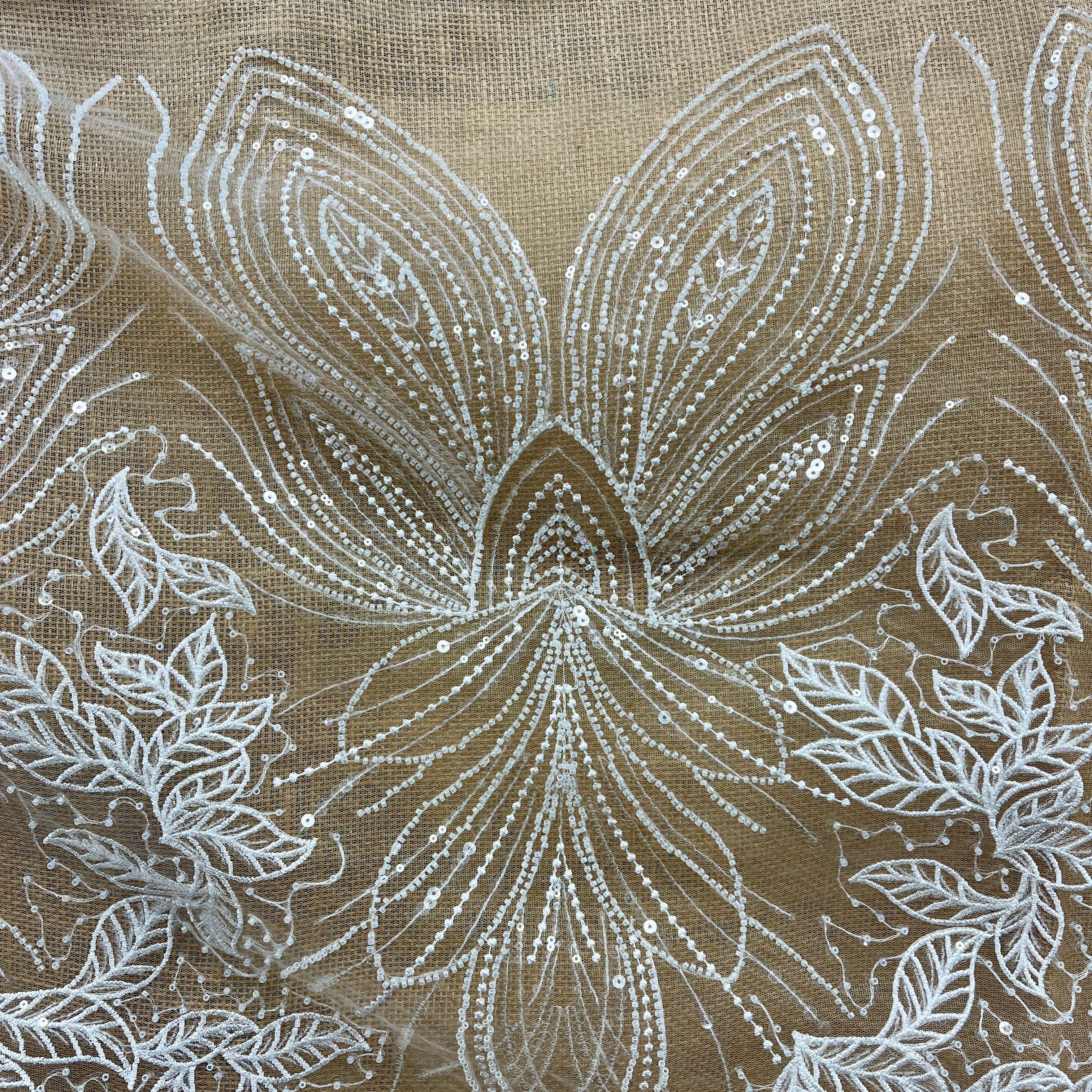 Beaded & Sequined Lace Fabric – Leaf & Vine Design | Lace USA - GD-2918